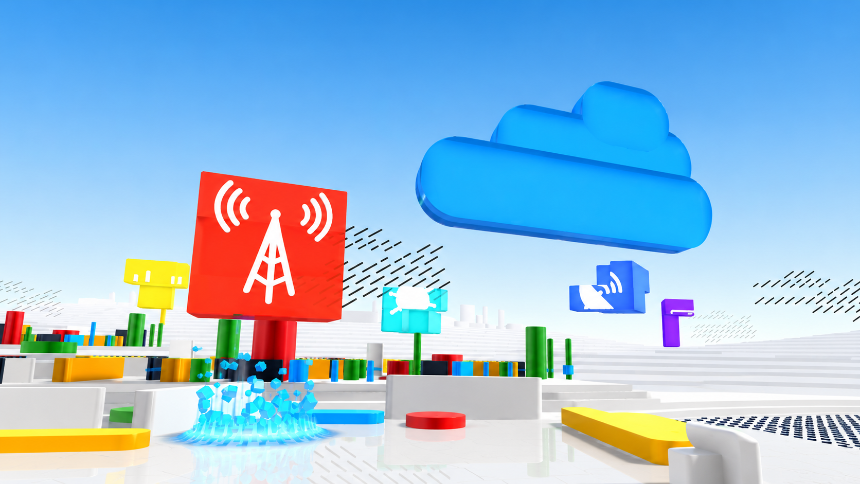 Colorful 3D blocks with tech icons, including red signal tower and large blue cloud in a digital space.