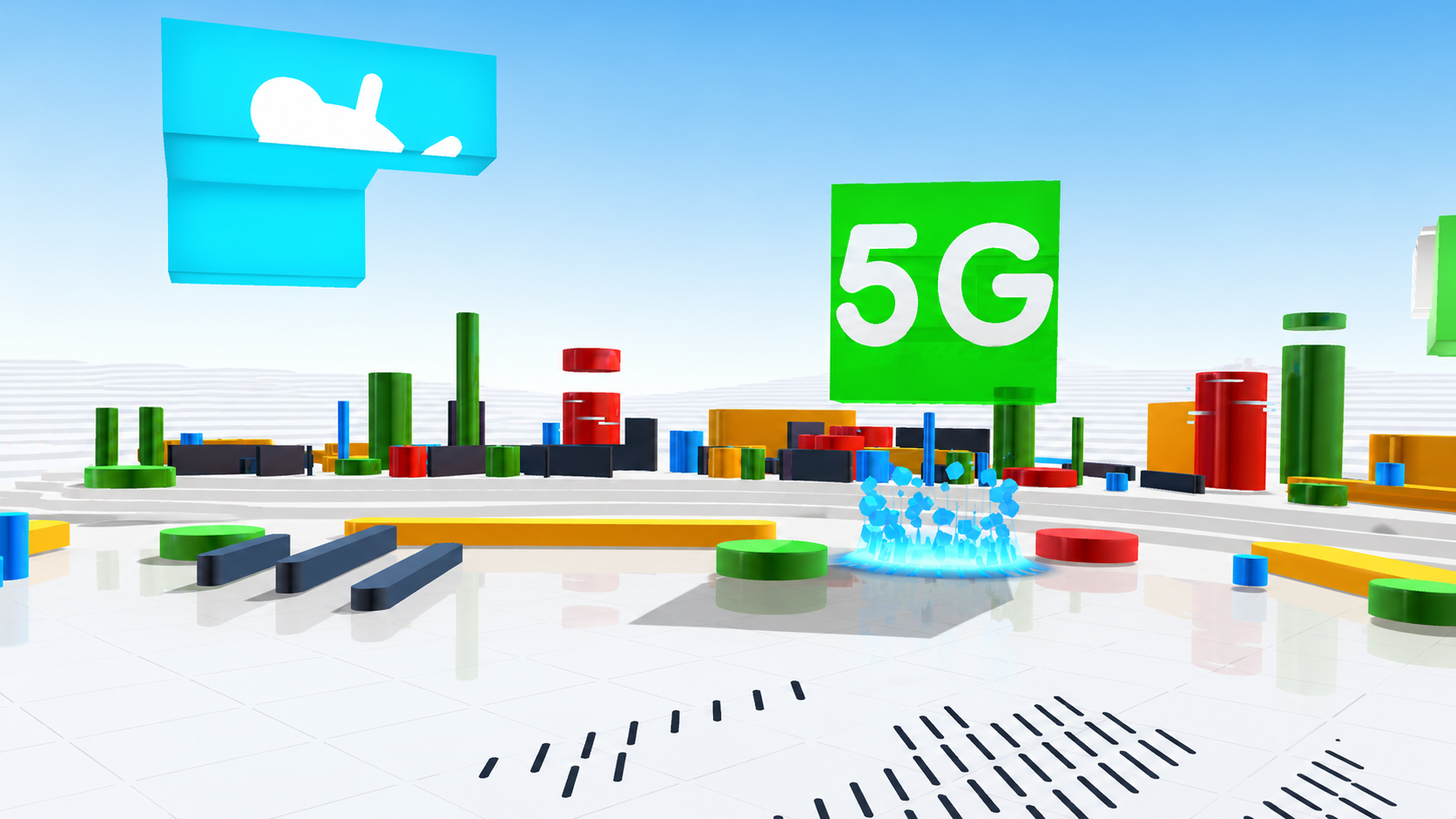 Colorful 3D bars and blocks with a green 5G sign and blue abstract shapes on a white surface.