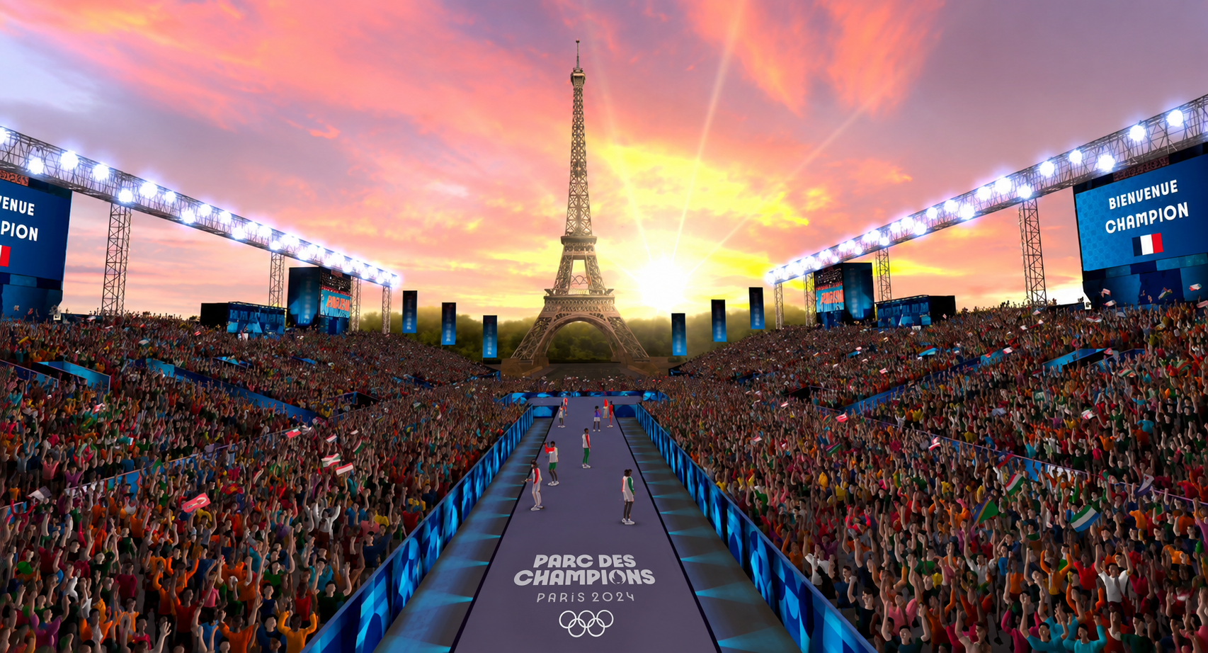 Crowded Paris 2024 Olympic arena with Eiffel Tower and sunset, fans waving flags cheering athletes.