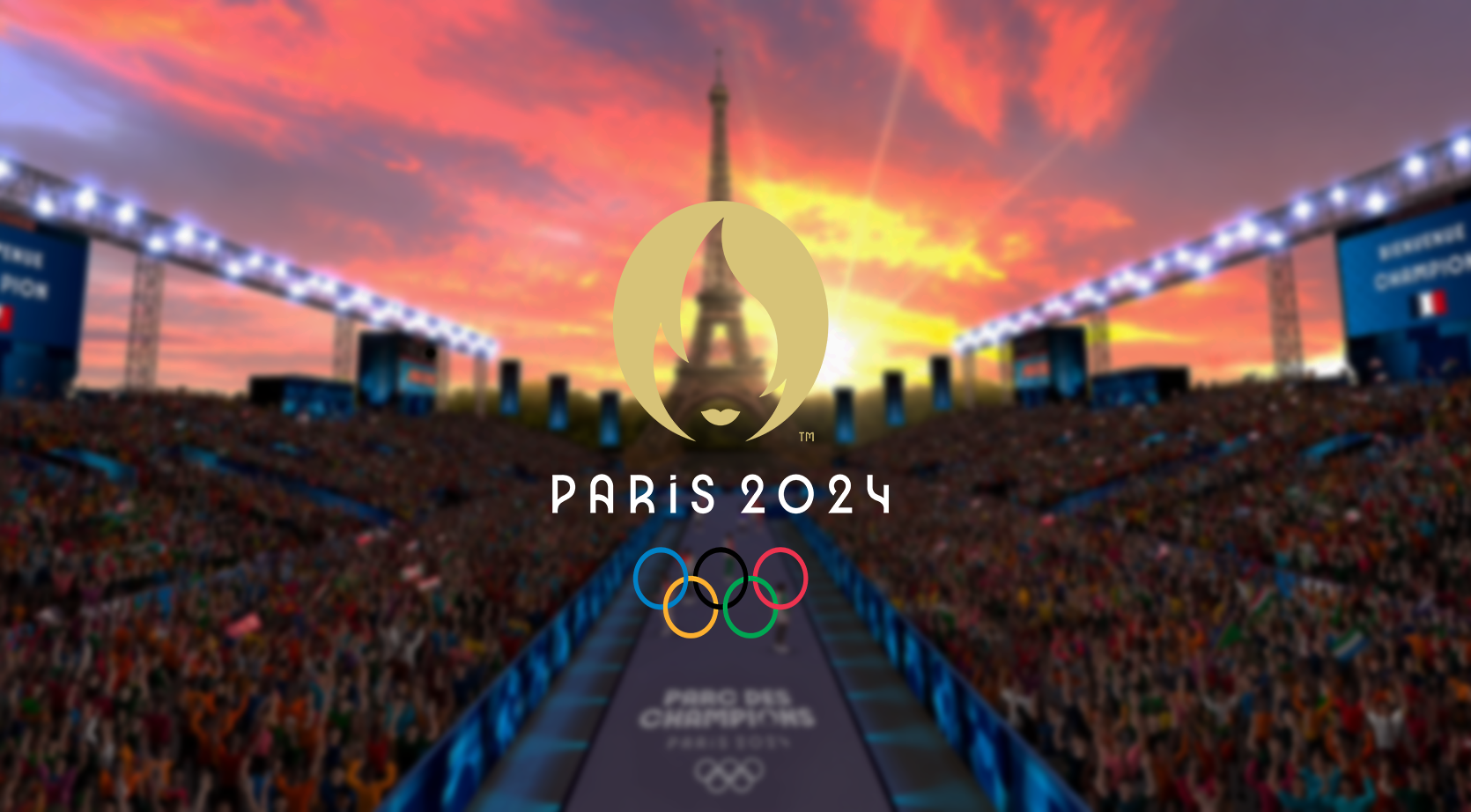 Paris 2024 Olympic Games logo over a stadium crowd at sunset with the Eiffel Tower in the background.