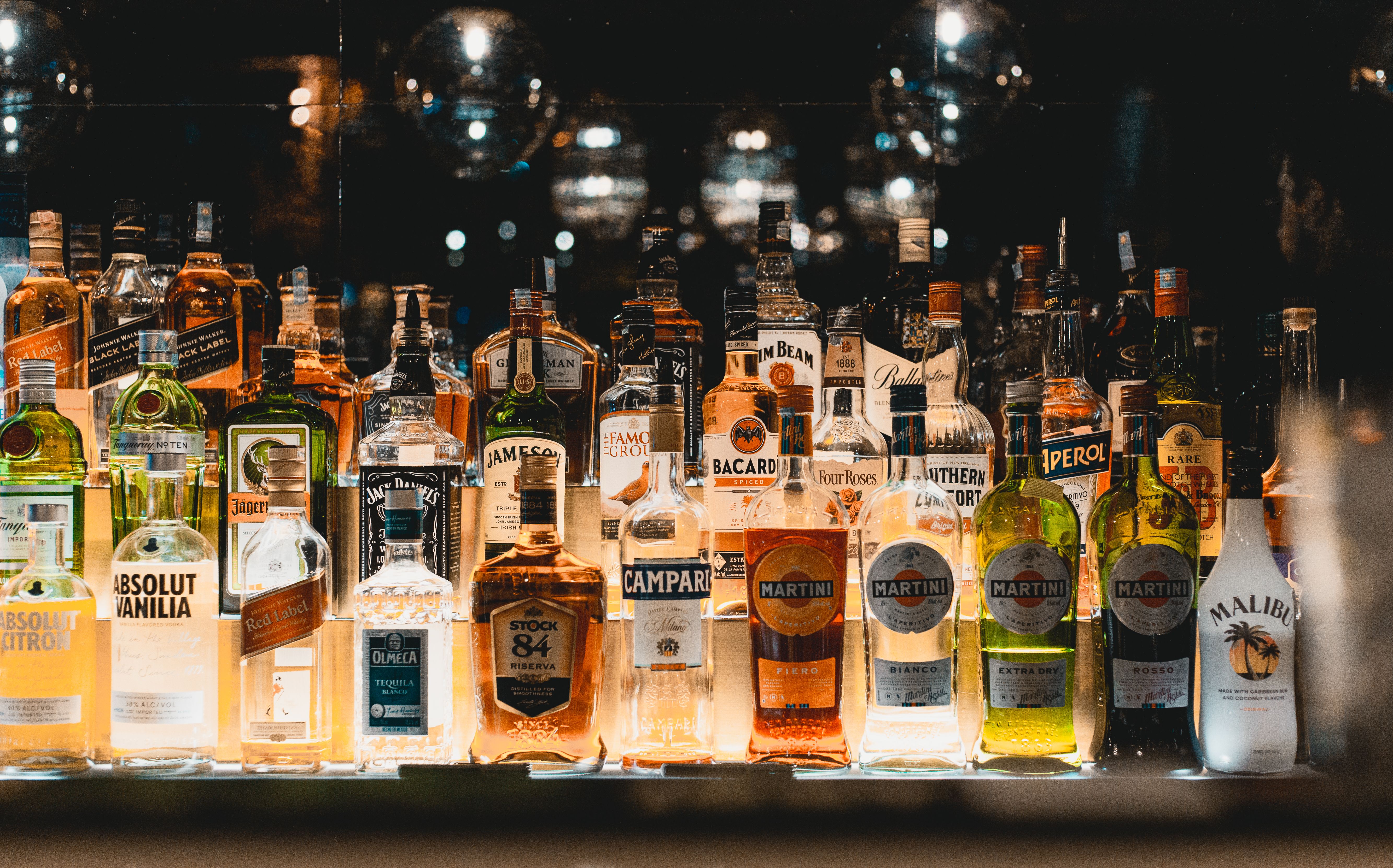 Liquor bottles on bar shelf