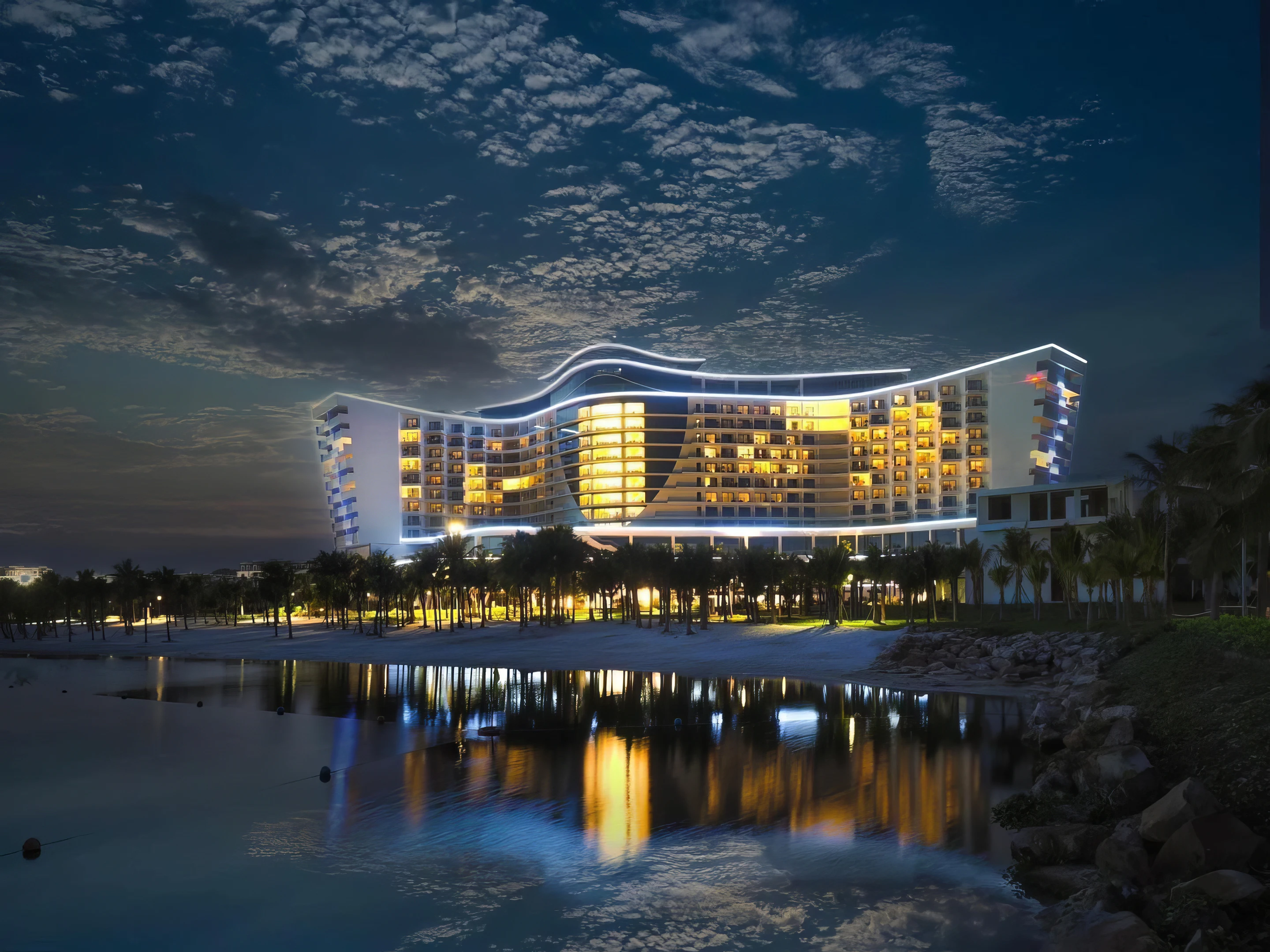 Night exterior view of Dream Do Son Resort and Spa reflected across the water