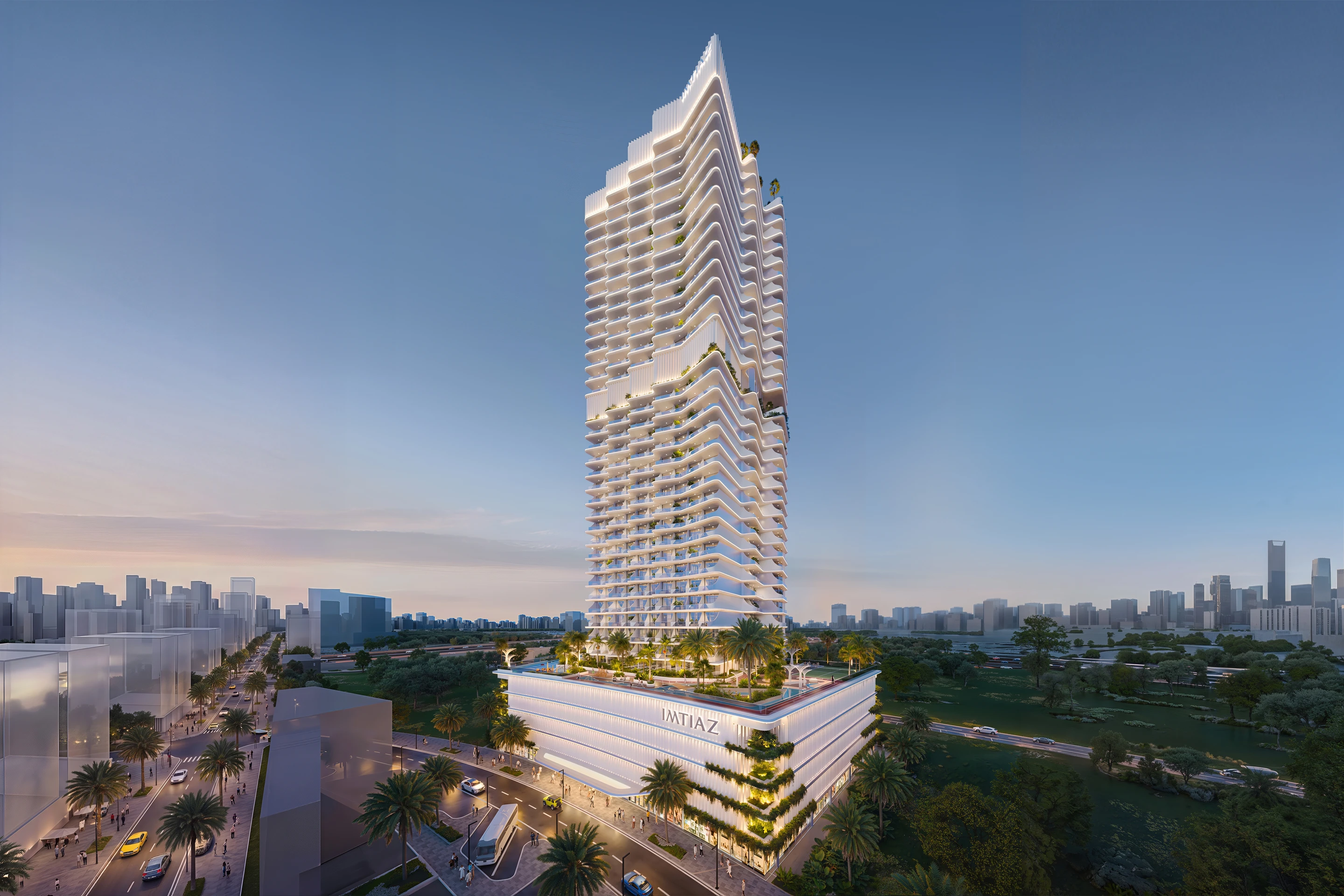 Cove Living by Imtiaz tower and landscaped podium at sunset