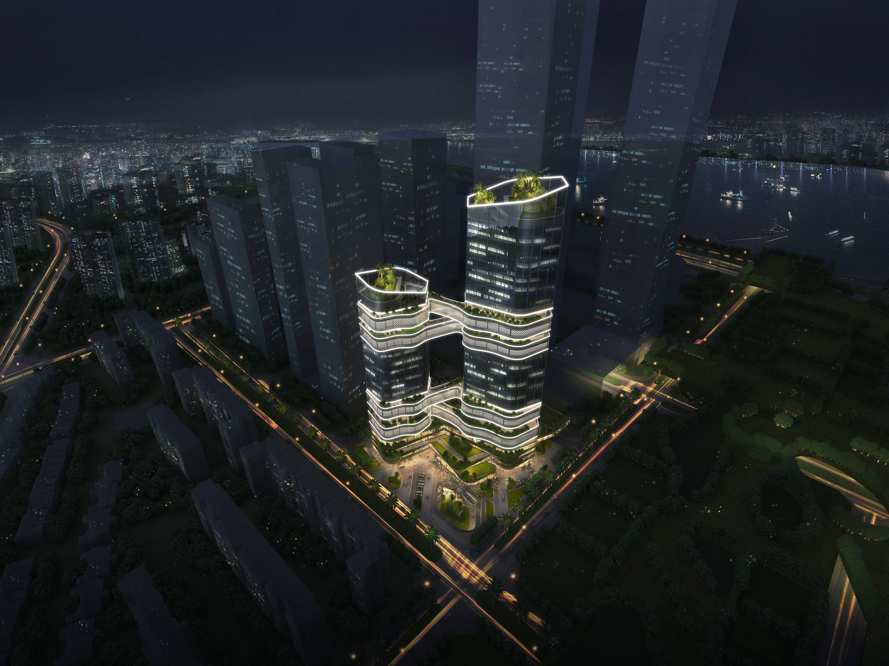 Night aerial view of Shenzhen iCarbonX twin towers