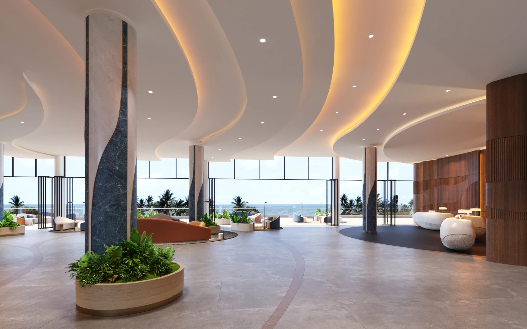 Guest lounge interior with seating and lighting