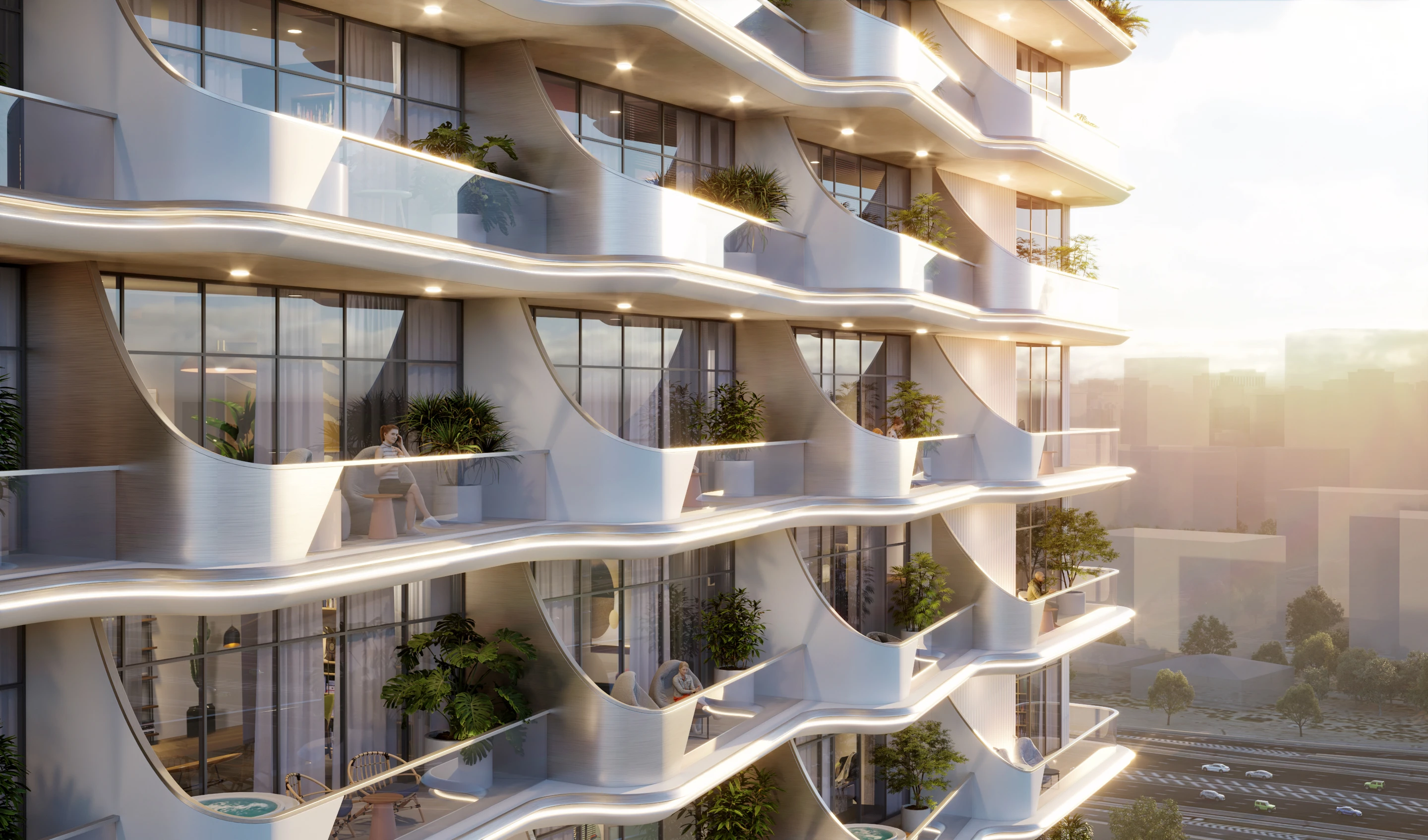 Corner facade and balconies at sunset