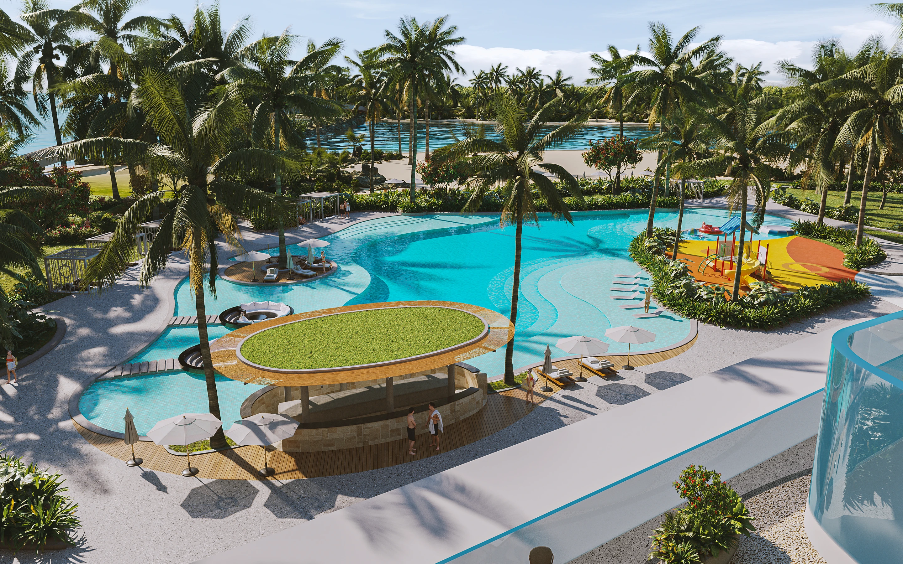 Resort pool framed by tropical planting