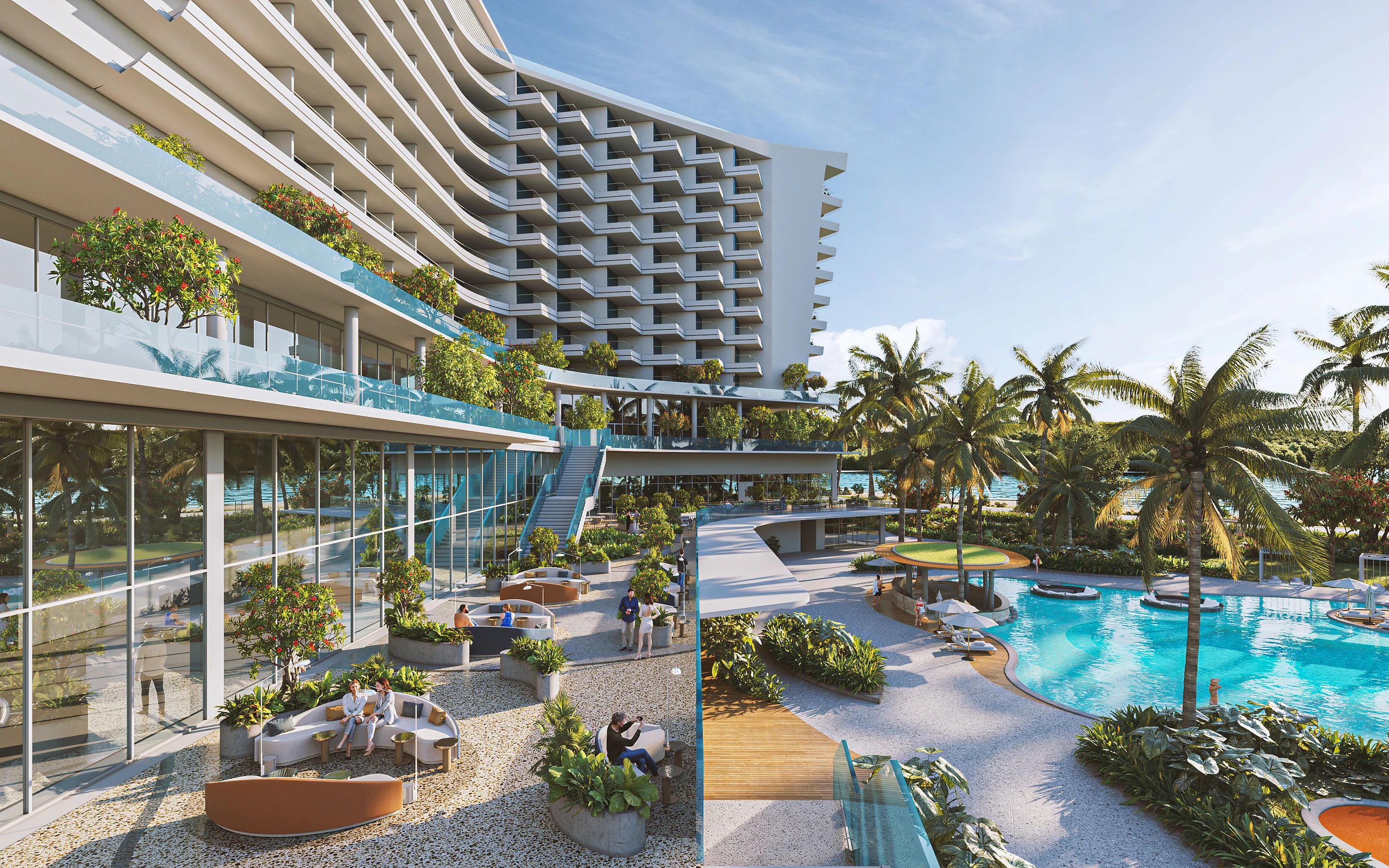 Resort pool and surrounding architectural terraces