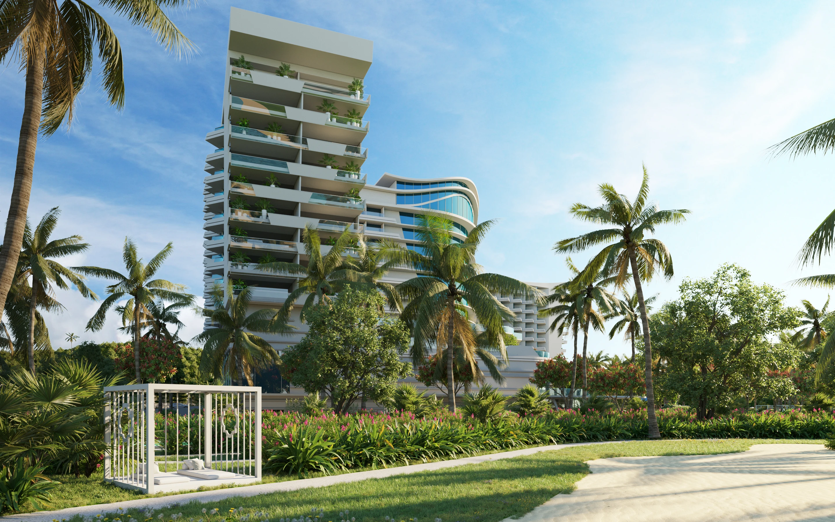Elevated view of the resort buildings and waterfront setting