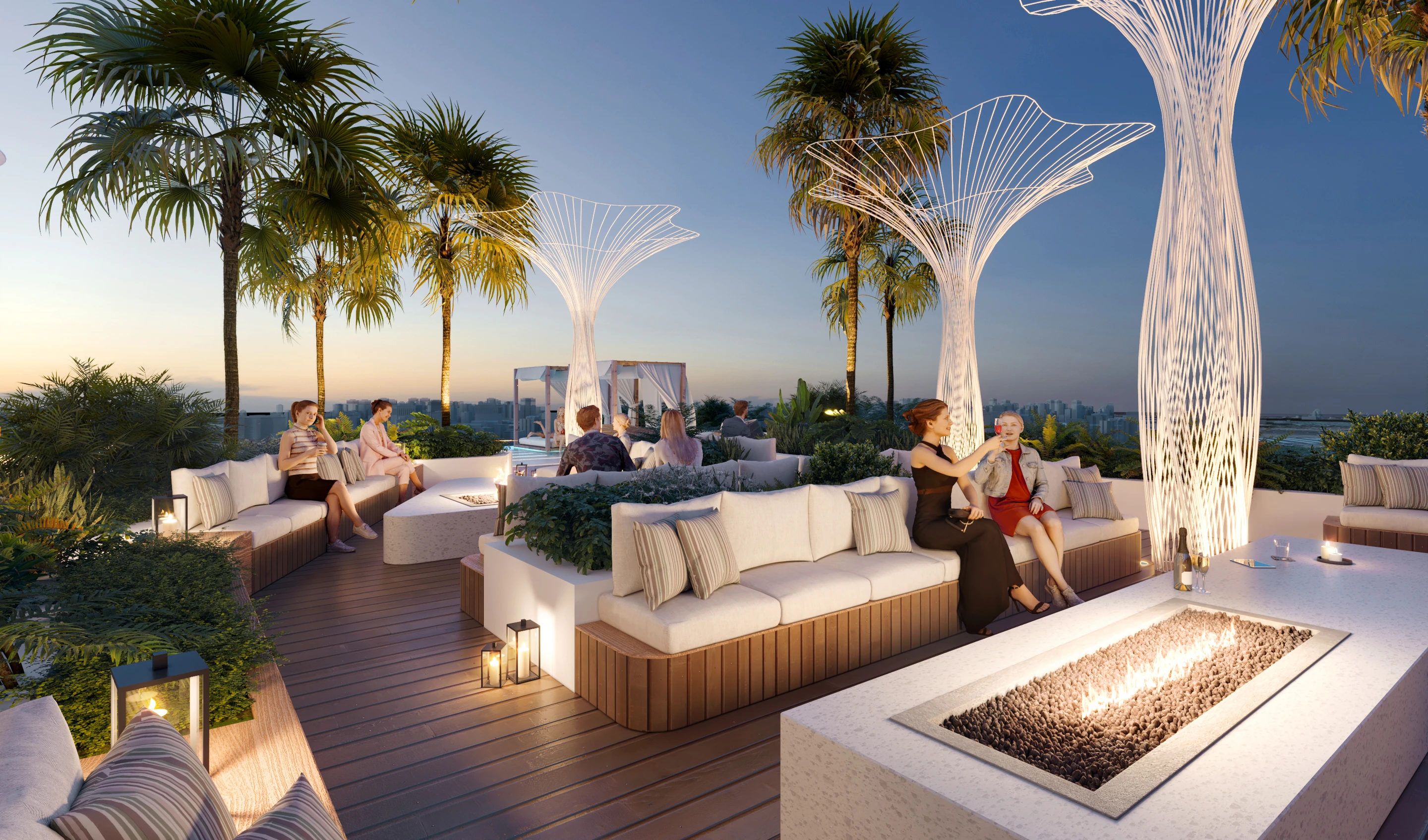 Outdoor lounge with fire feature and landscaped seating