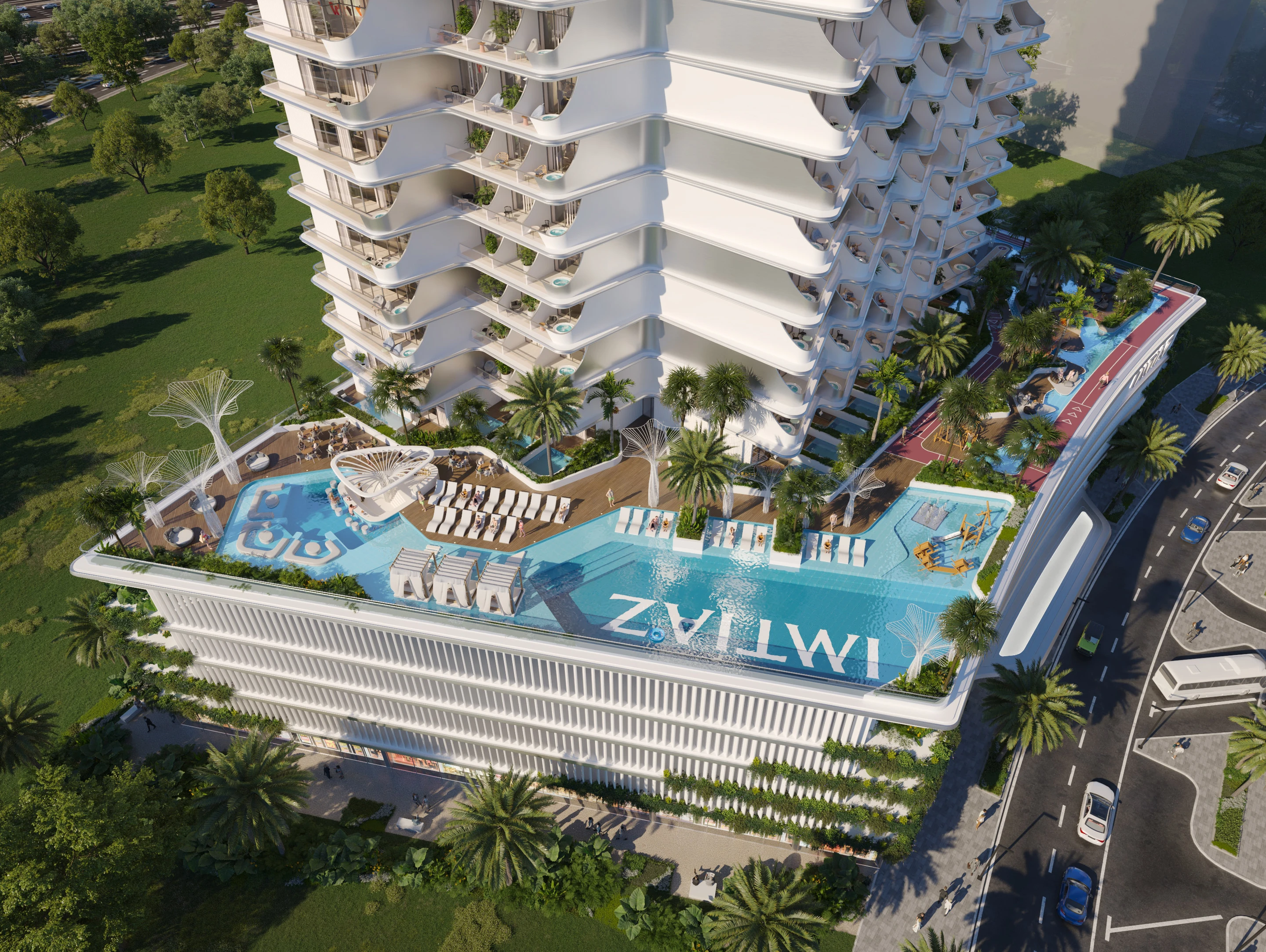 Aerial view of the tower podium and rooftop pool