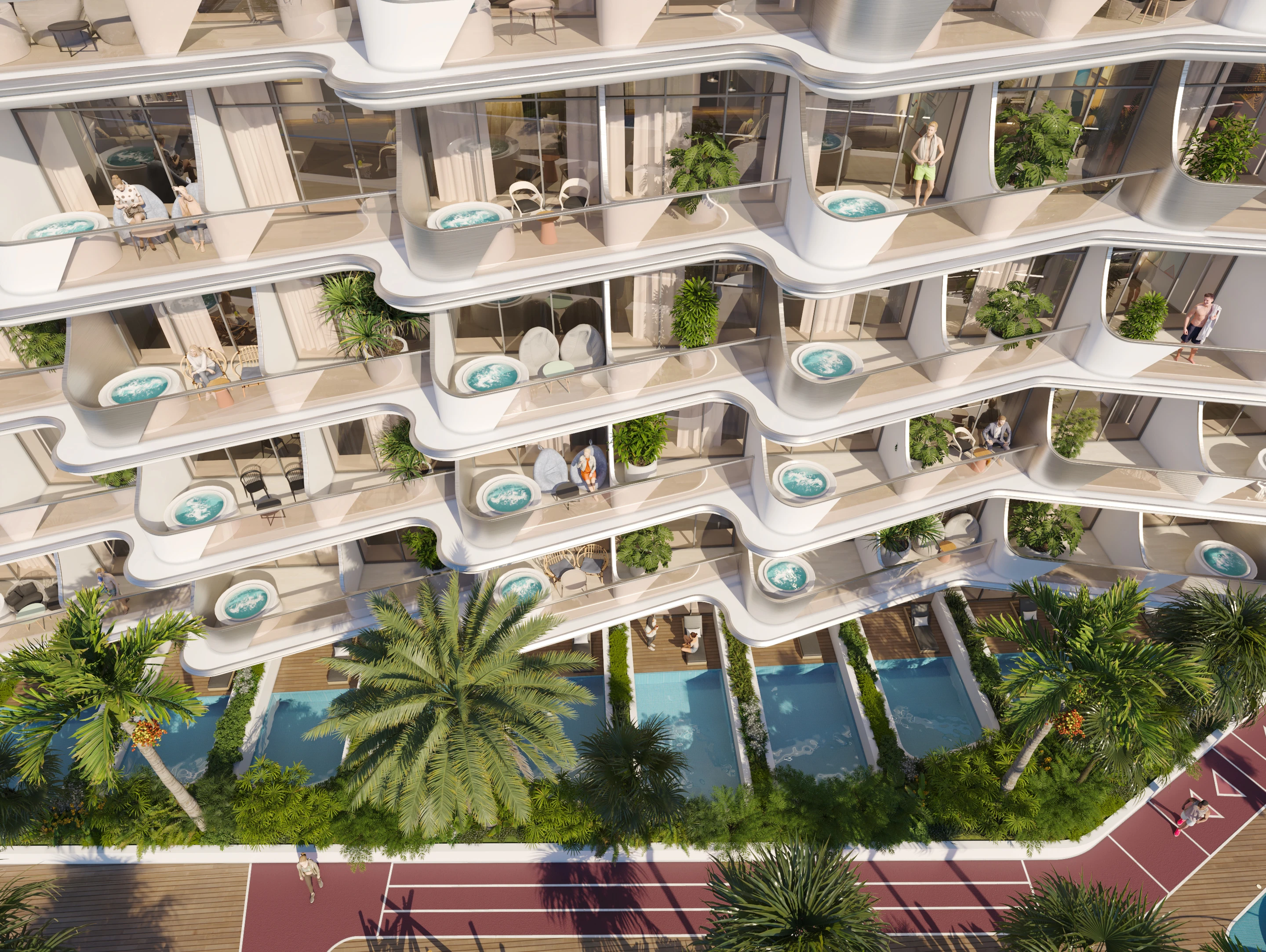 Facade detail with private balcony pools and planting