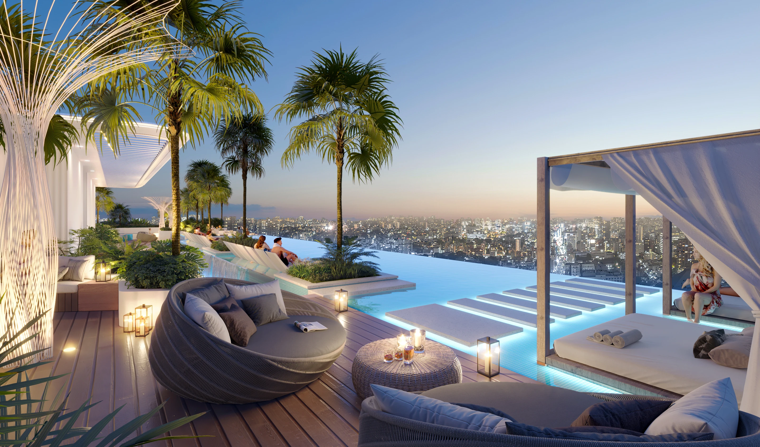 Rooftop cabana and pool deck at sunset