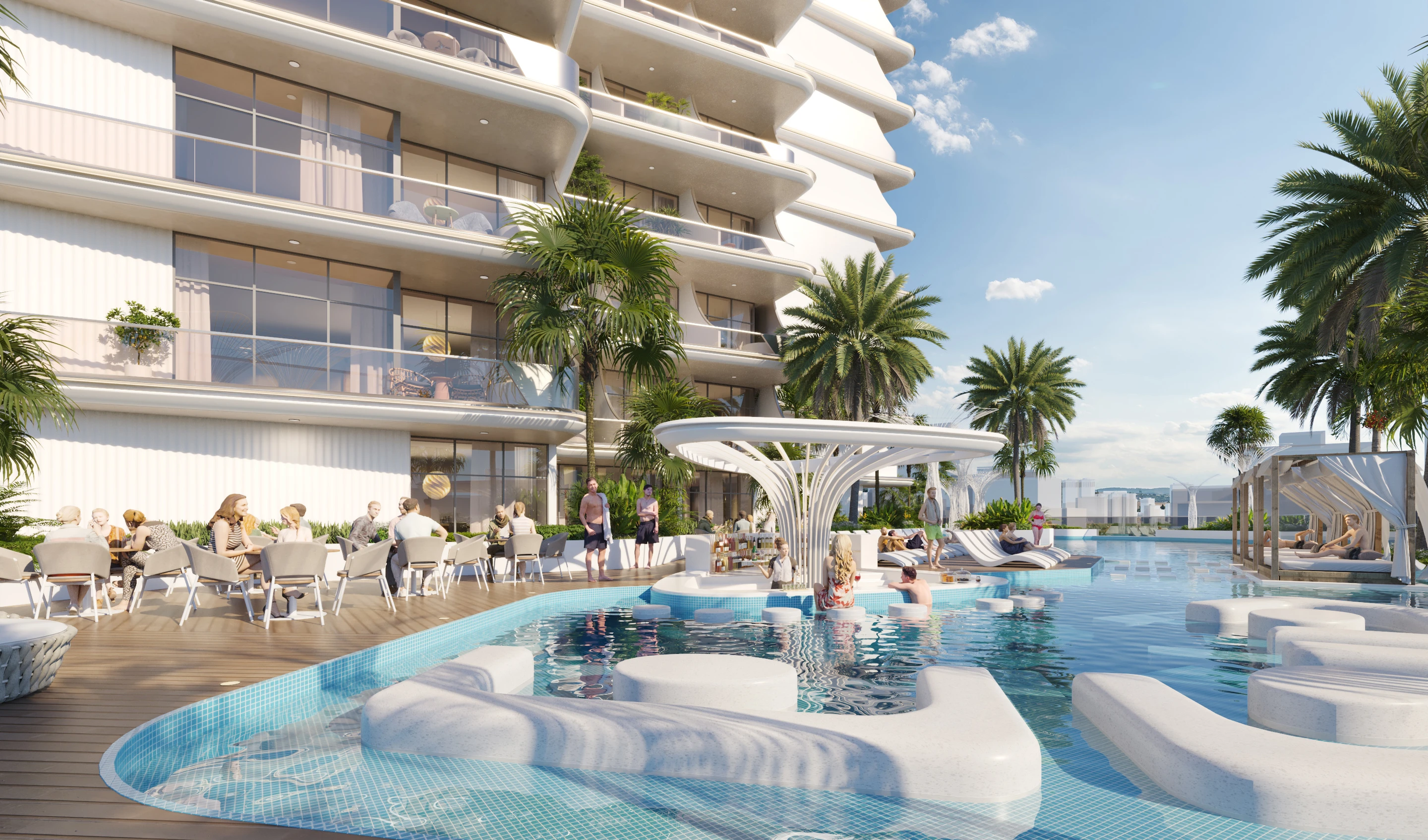 Pool terrace and outdoor seating beside the residential tower
