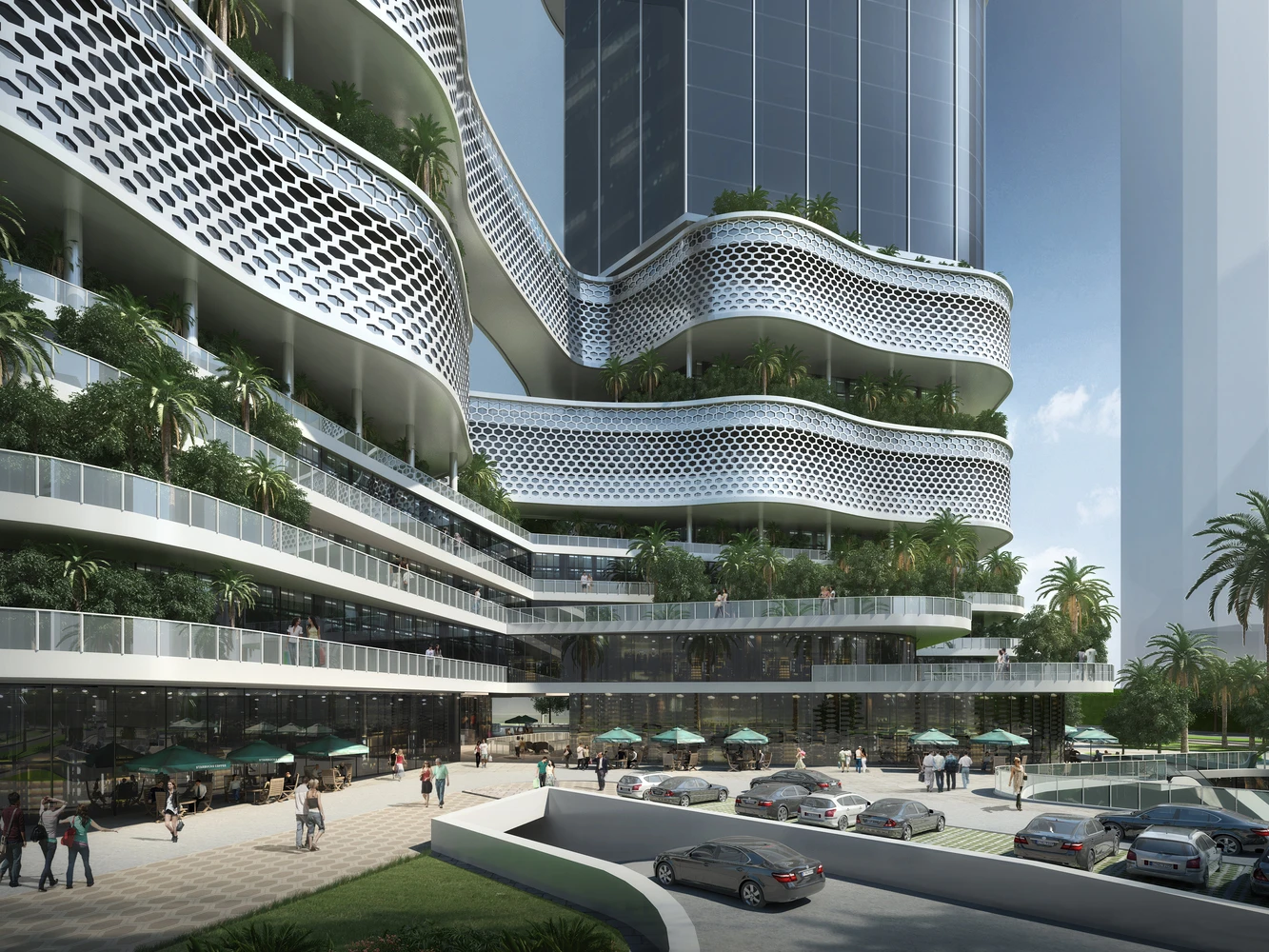 Landscaped podium facade and public plaza at Shenzhen iCarbonX
