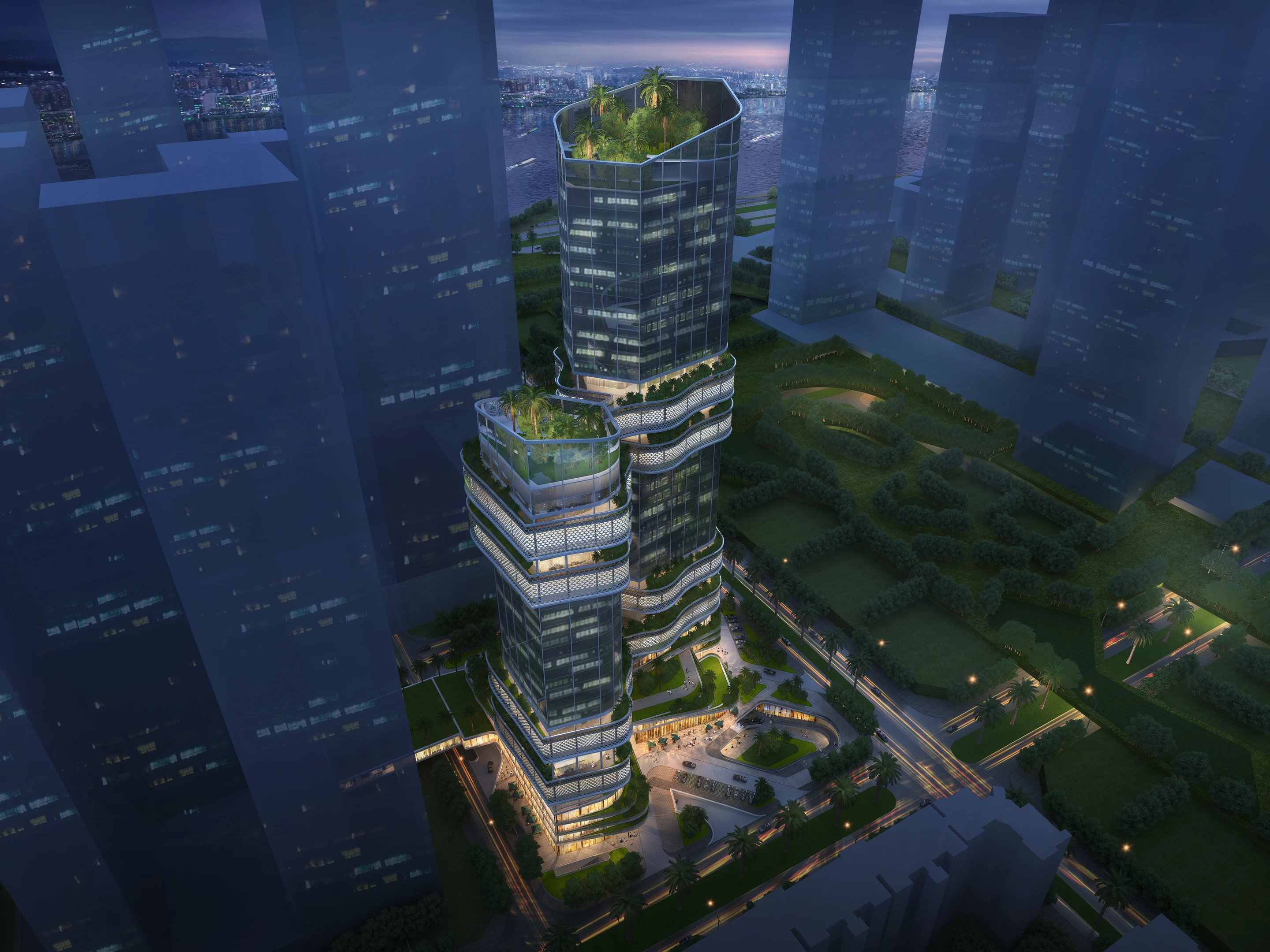 Night aerial view of Shenzhen iCarbonX twin towers
