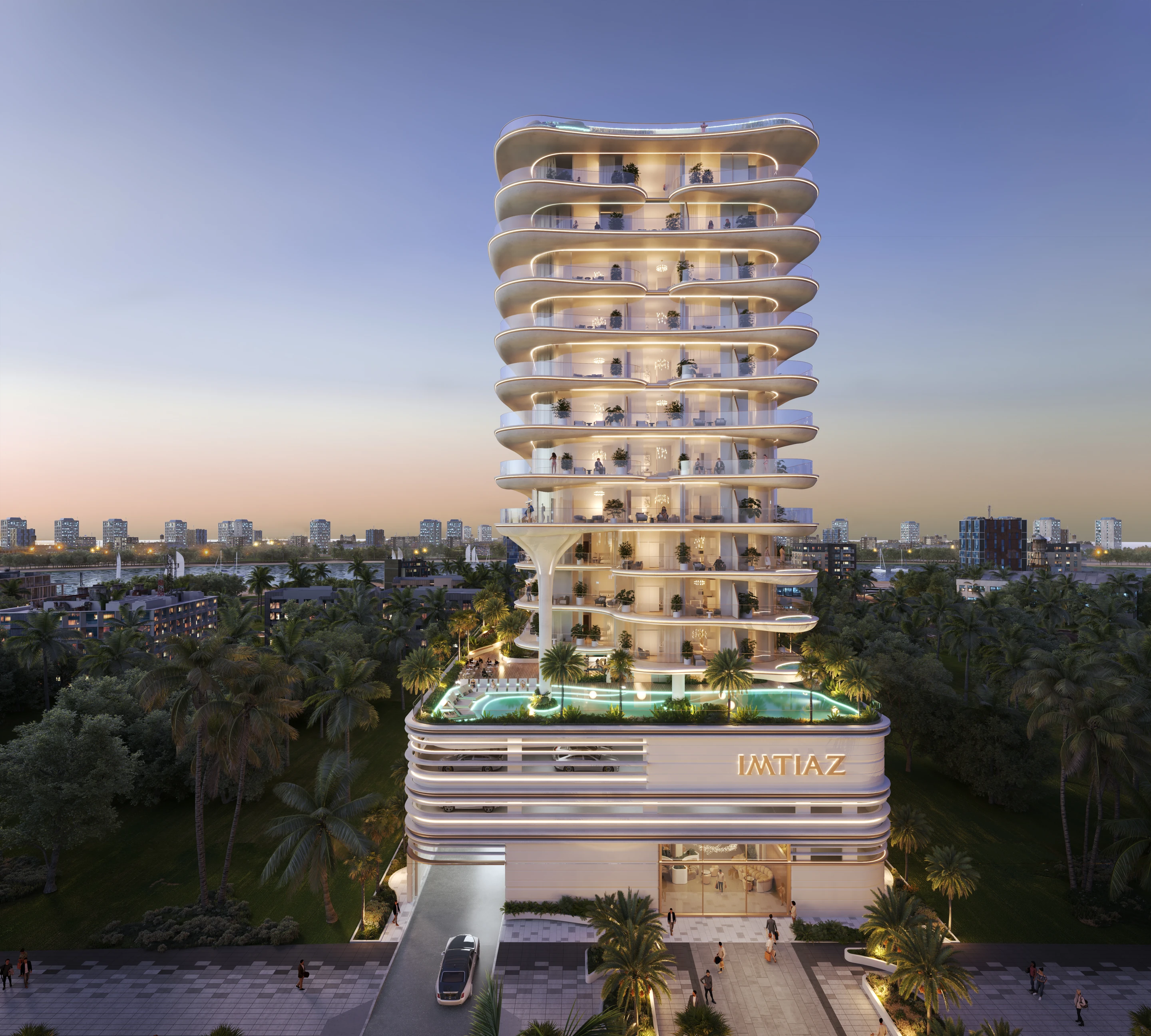 Front exterior view of Beach Walk Collection at dusk