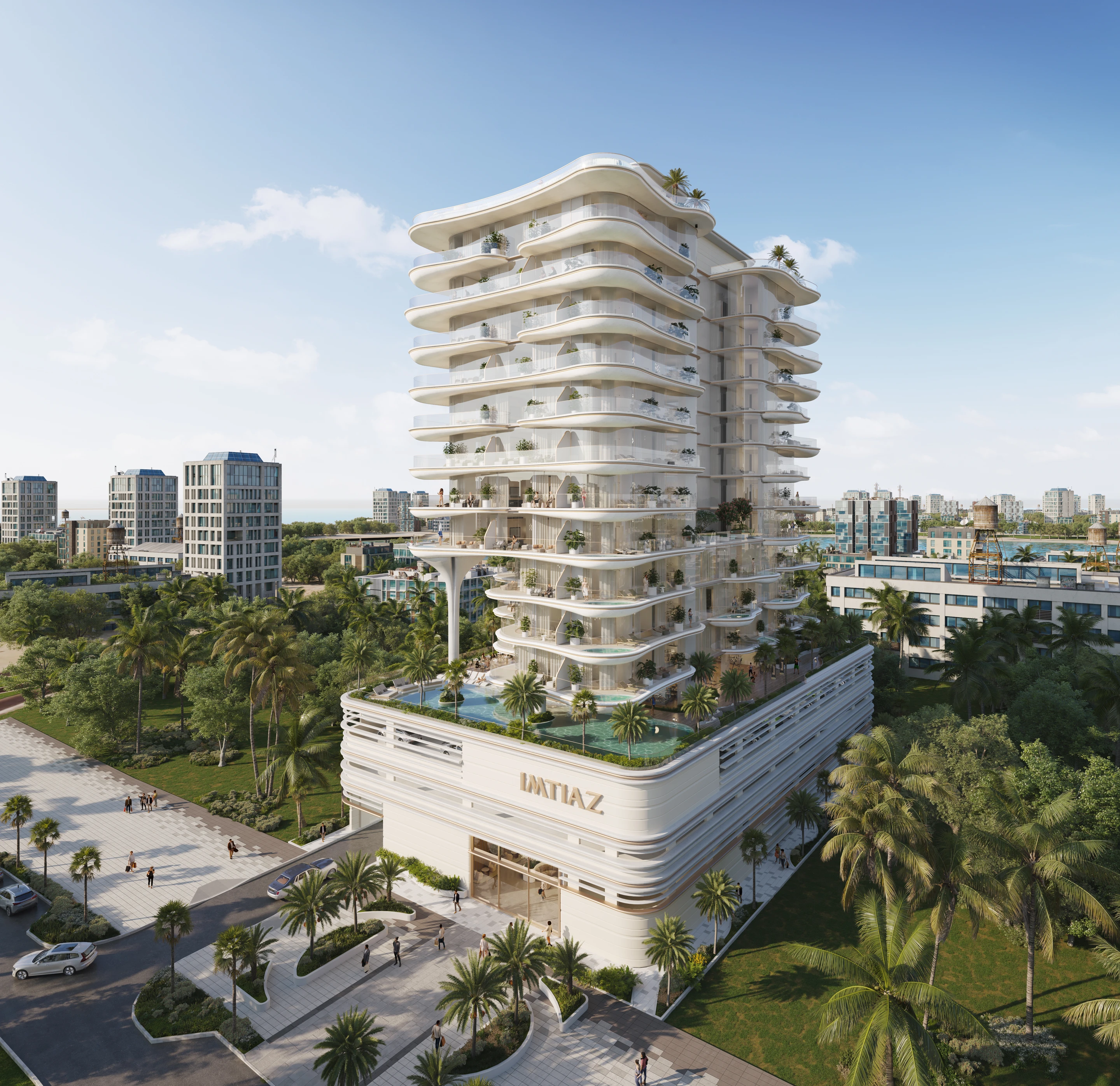 Aerial daytime view of Beach Walk Collection and its landscaped podium