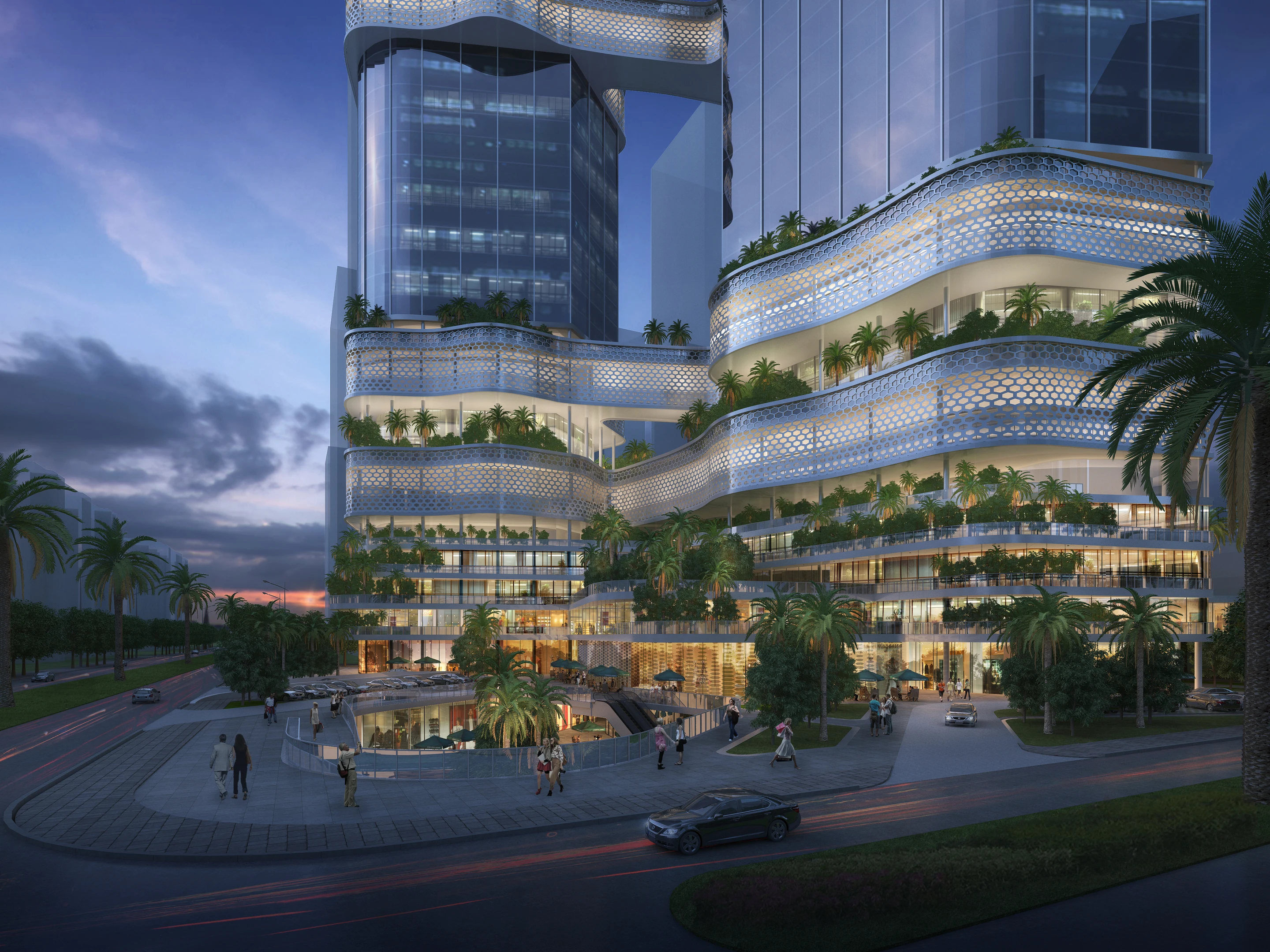 Street-level view of the Shenzhen iCarbonX tower and landscaped podium