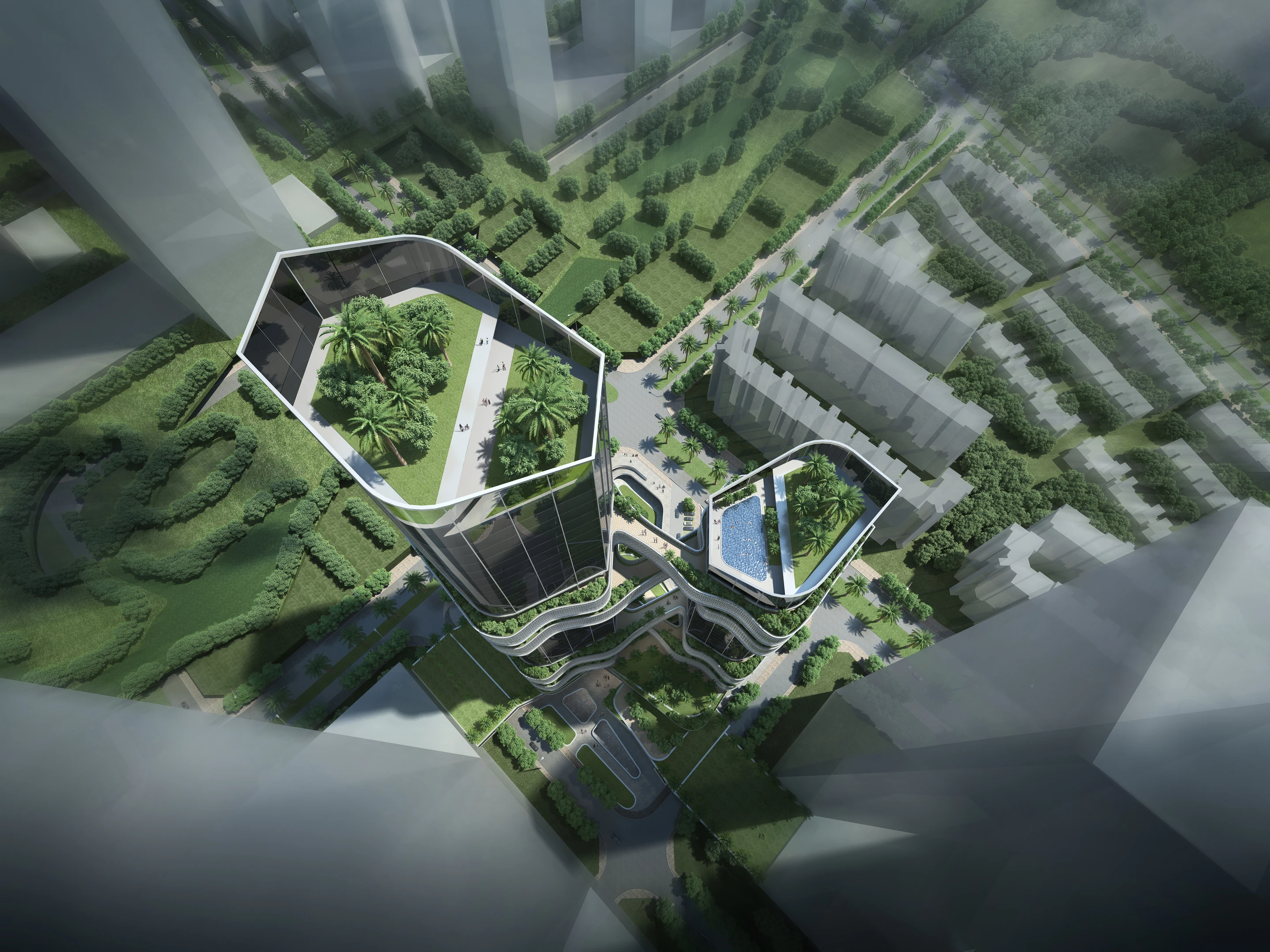 Top-down view of Shenzhen iCarbonX roof gardens and surrounding towers