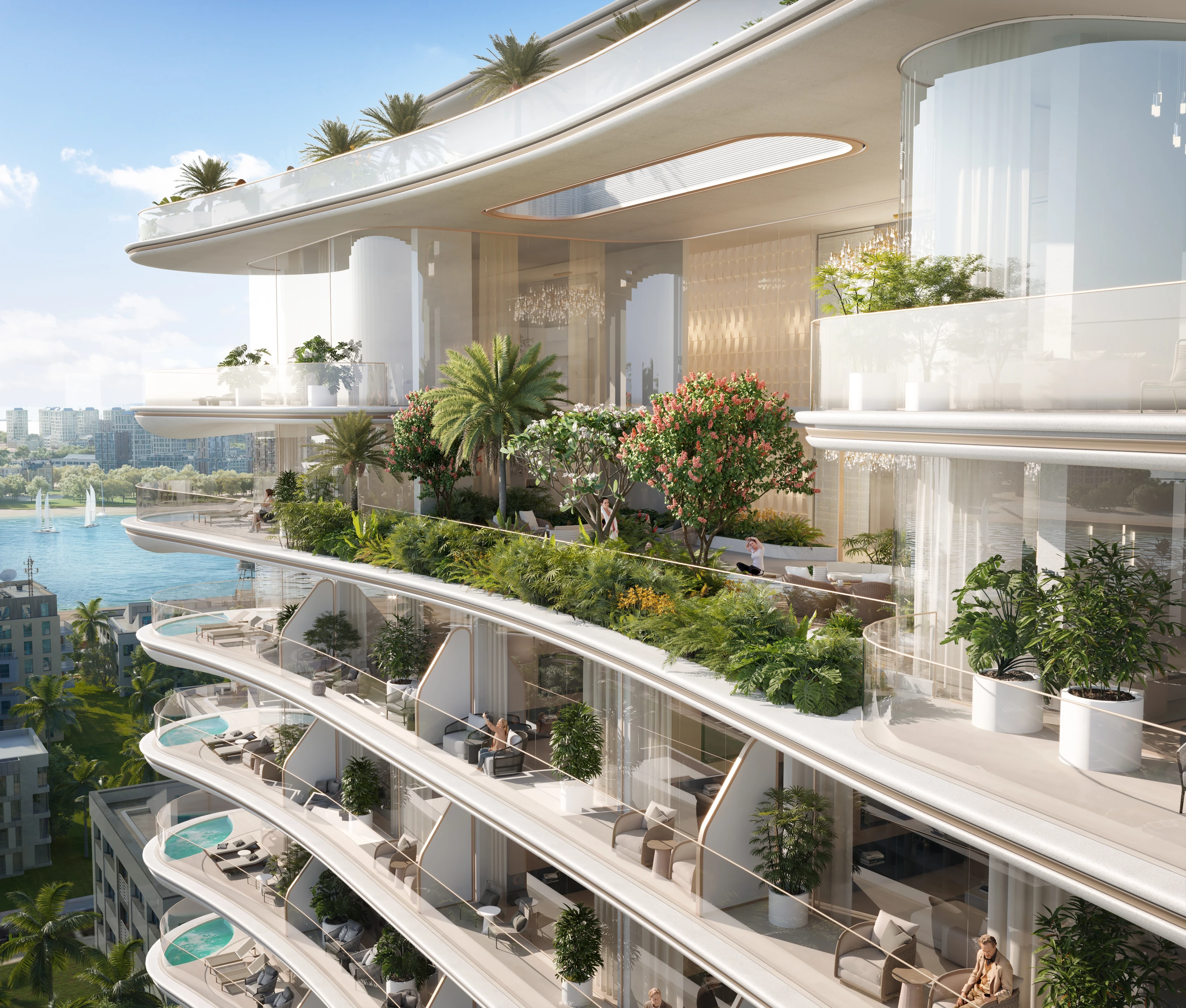 Close view of planted terraces and private balcony pools