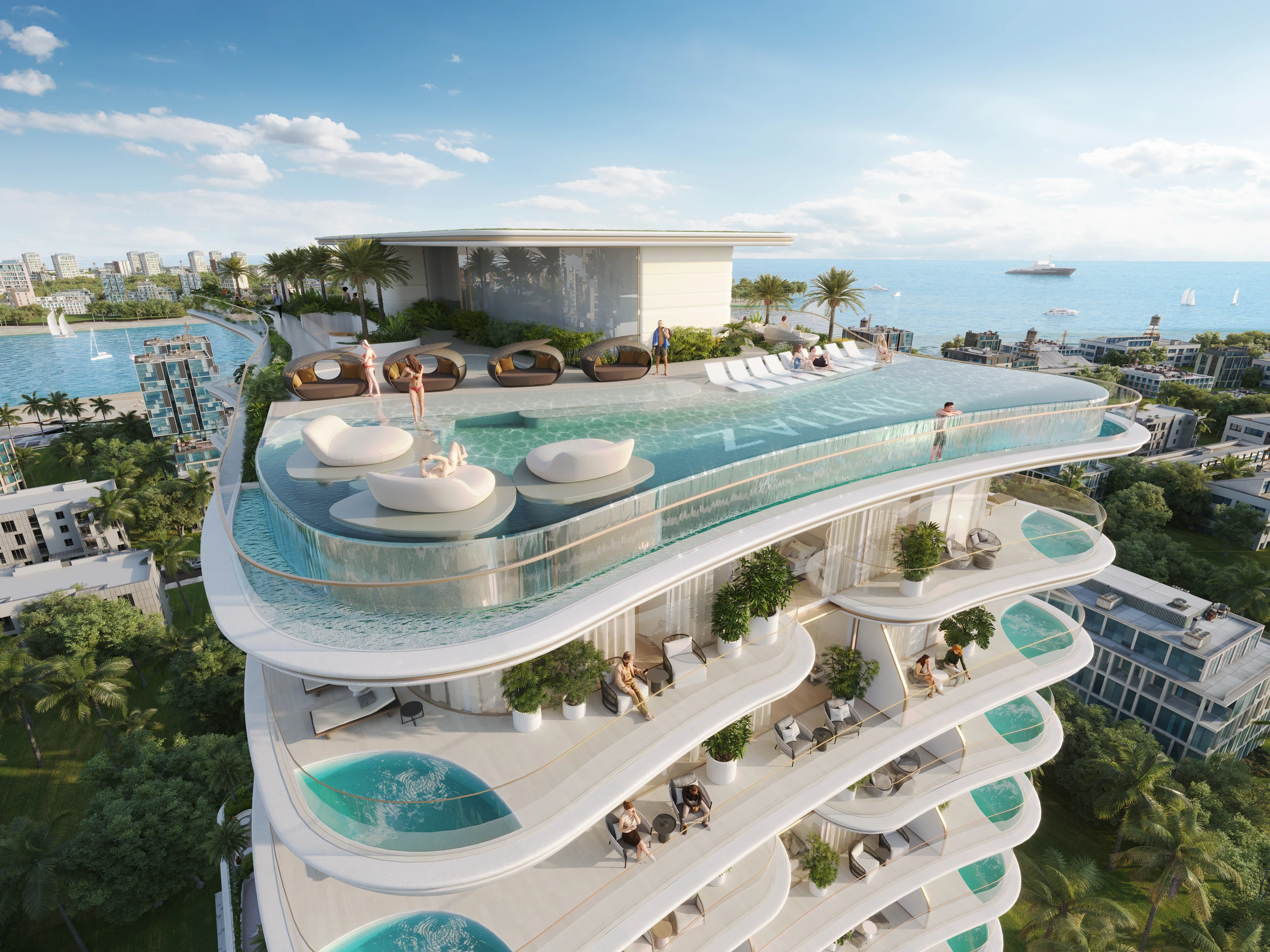 Rooftop infinity pool and lounge overlooking the coast