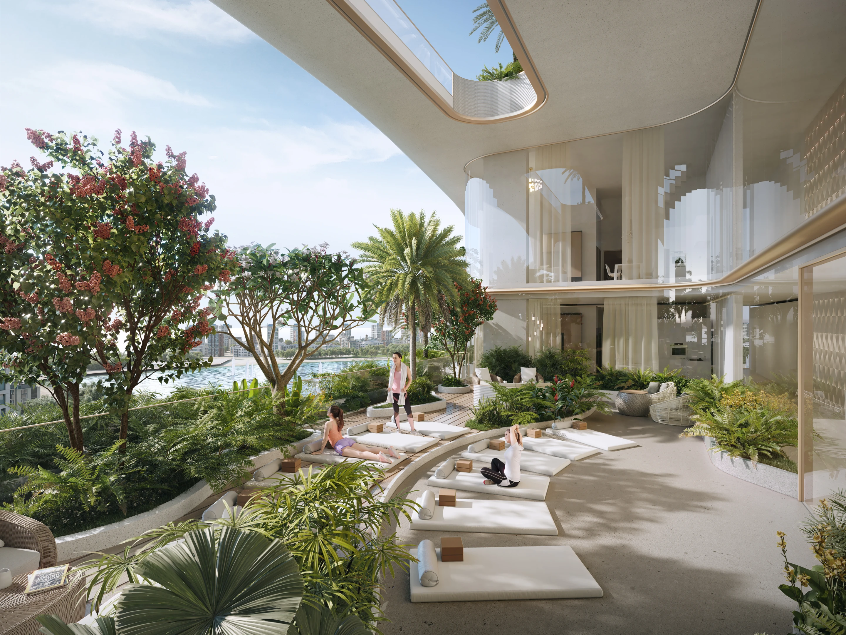 Landscaped courtyard and shaded lounge at Beach Walk Collection