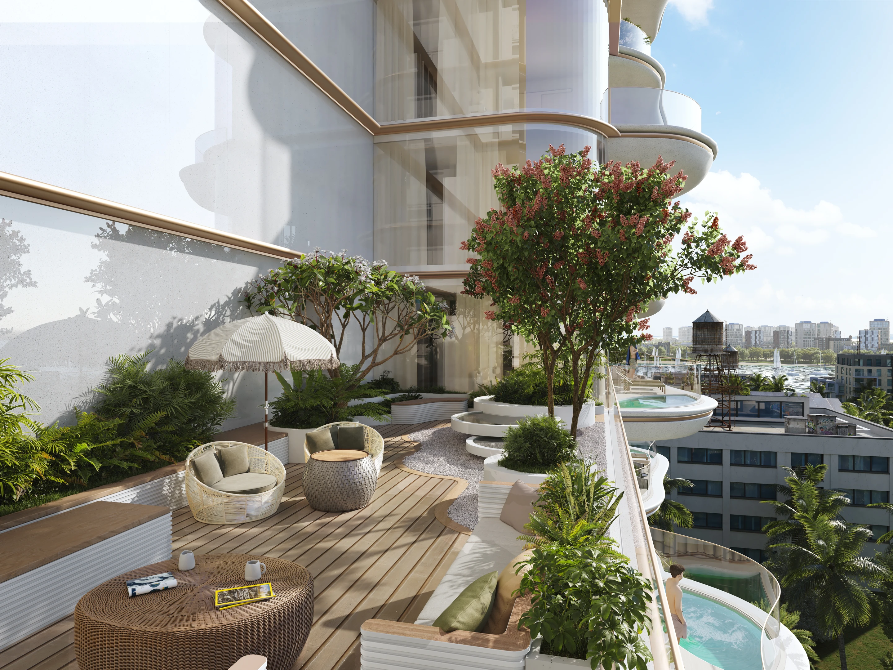 Private residential balcony with planting and outdoor seating