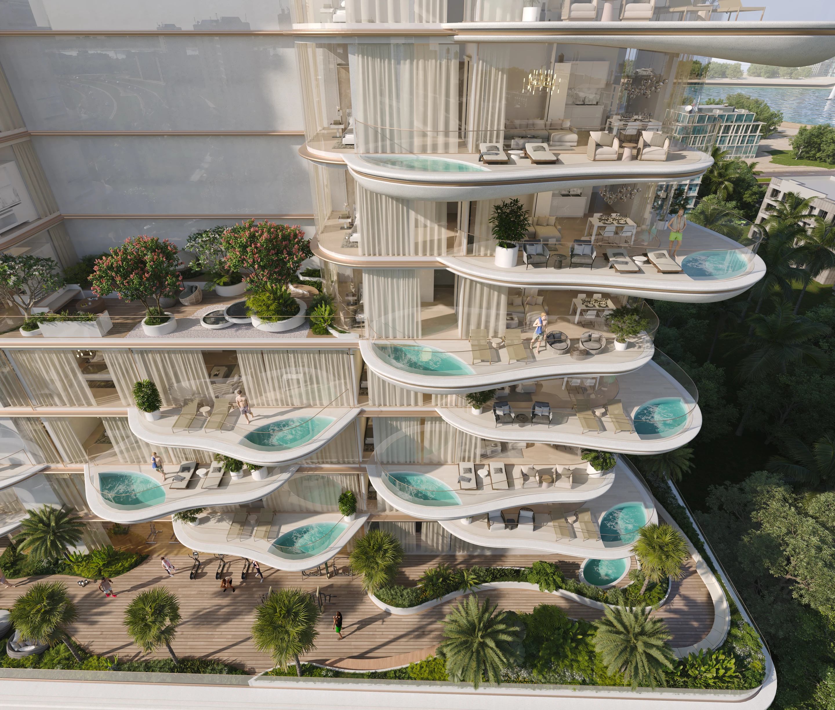 Aerial facade view showing private balcony pools and landscaping