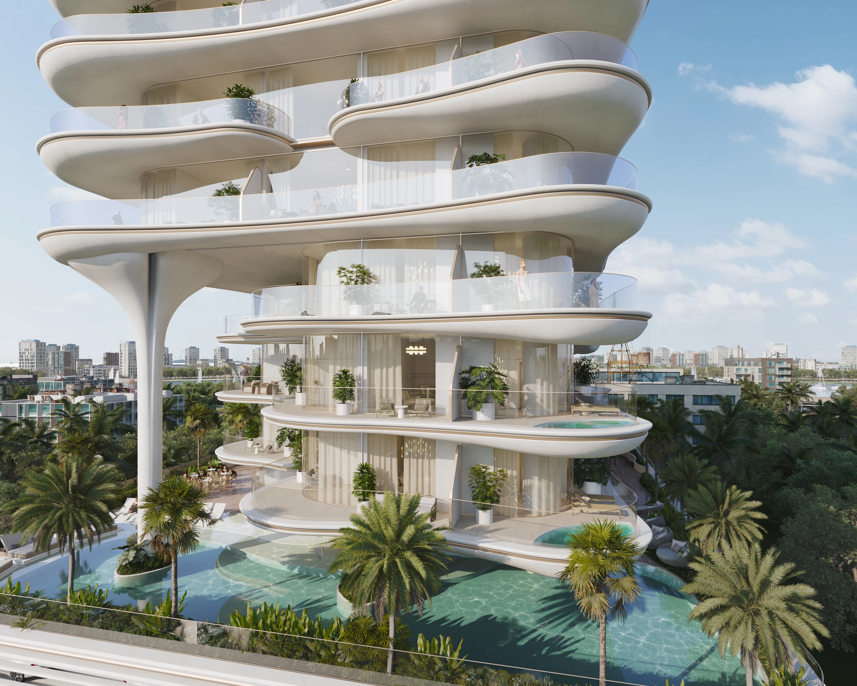 Close exterior view of the curved residential balconies