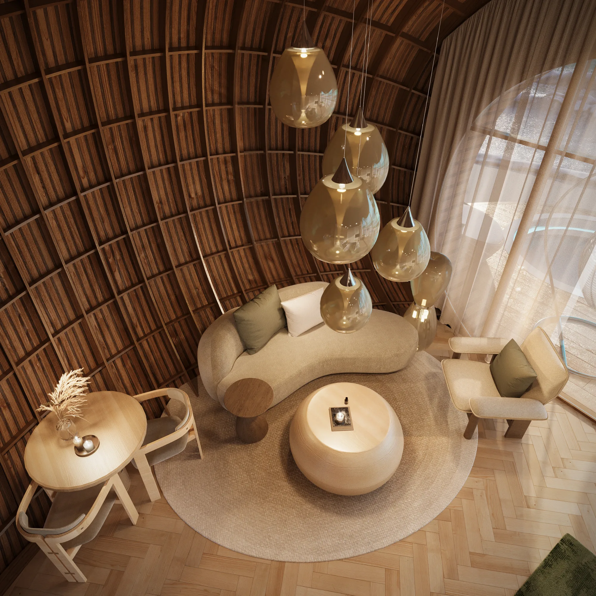 Warm timber interior lounge viewed from above