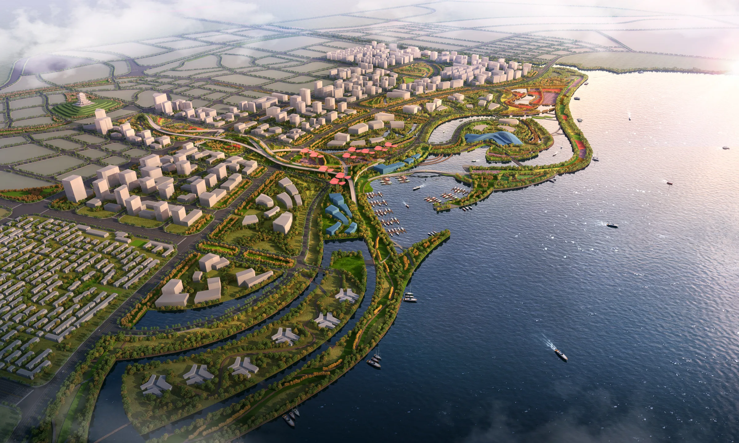 Aerial view of a waterfront urban masterplan