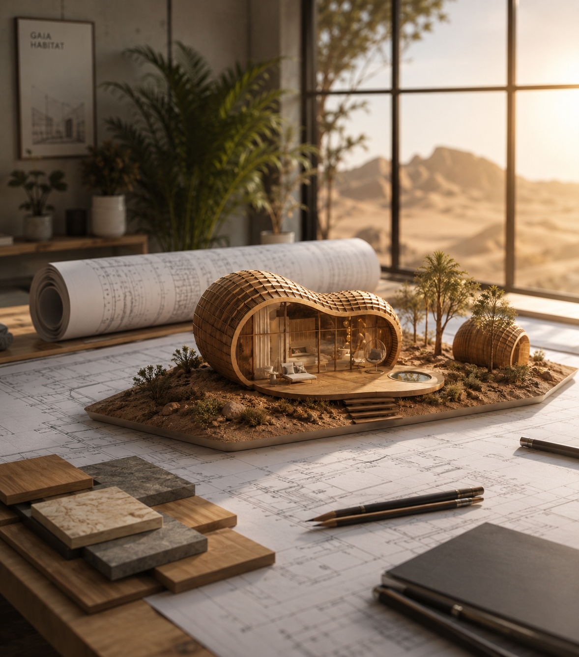 Architectural model of a future-focused timber home in a studio setting