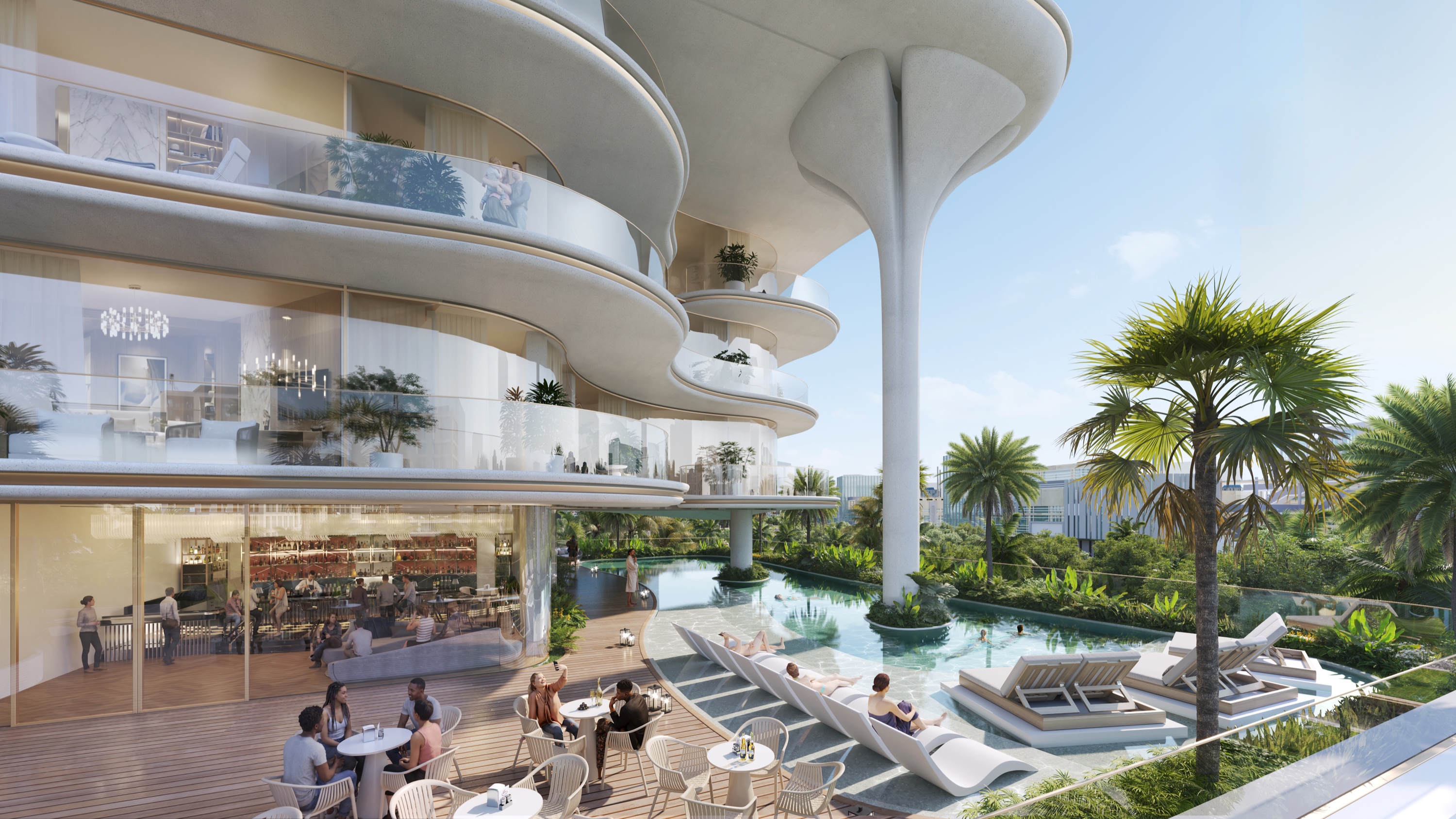 Curved hospitality architecture with an outdoor pool and landscaped terrace