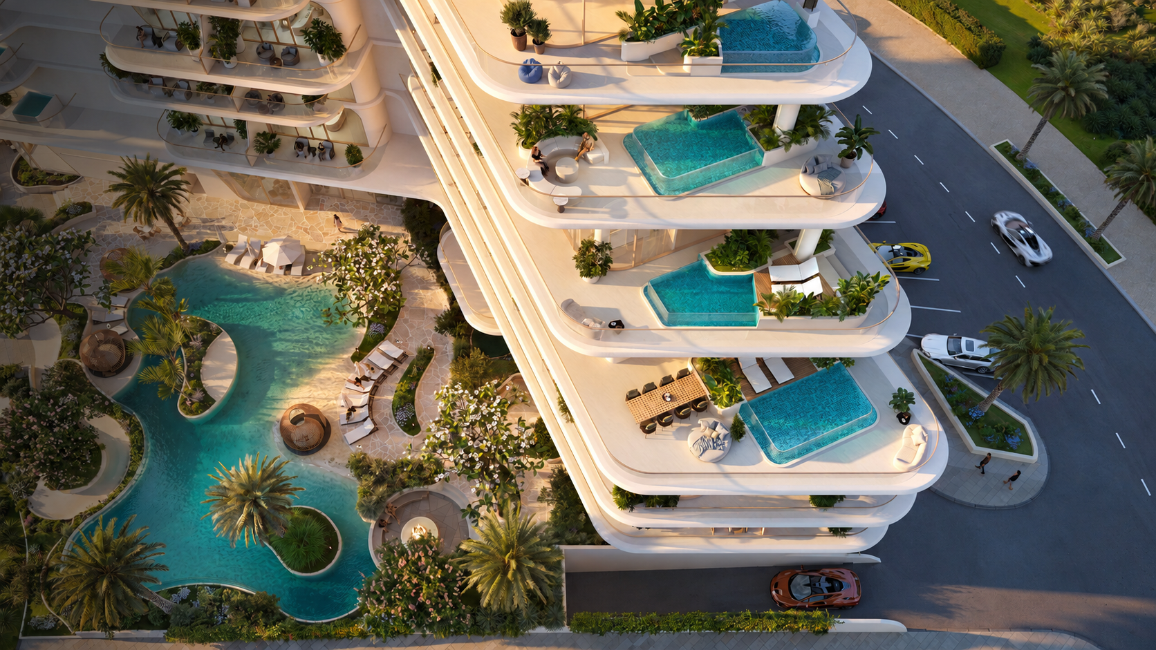 Aerial view of a contemporary integrated resort with landscaped terraces and pools