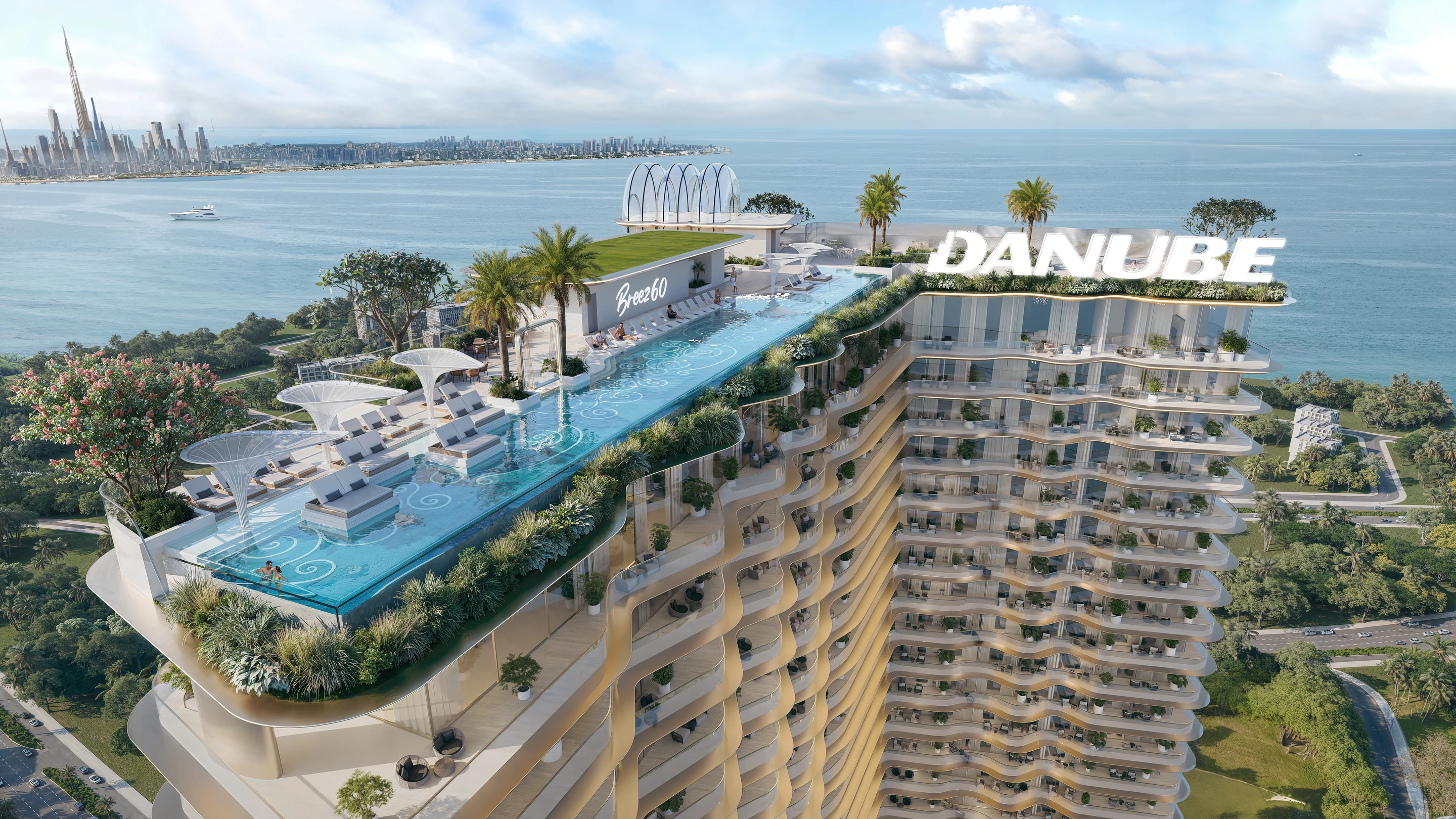 Aerial view of Breez by Danube rooftop pool and waterfront