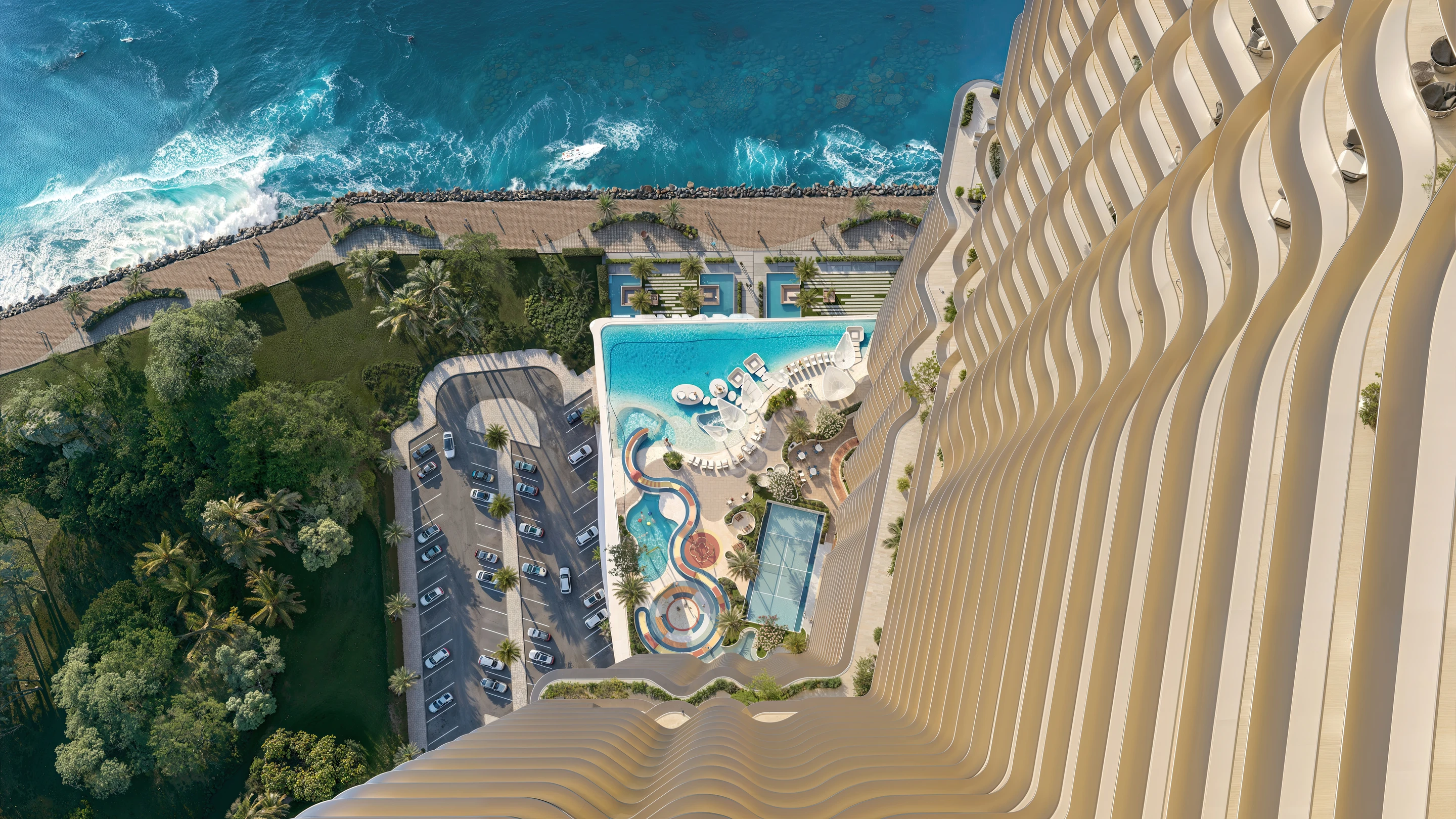 Top-down view of Breez by Danube facade and amenity deck