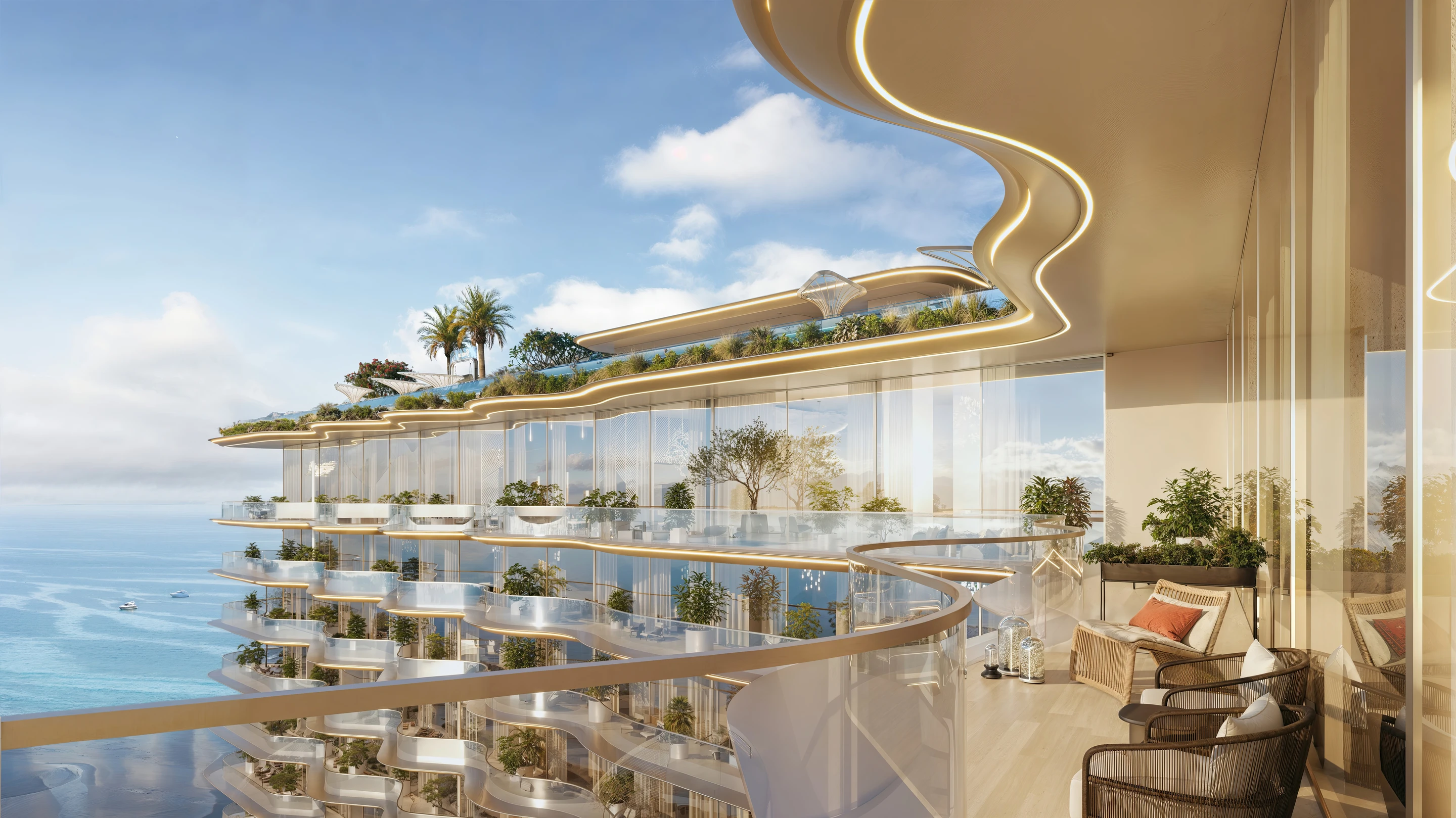 Curved Breez by Danube balconies overlooking the Arabian Gulf