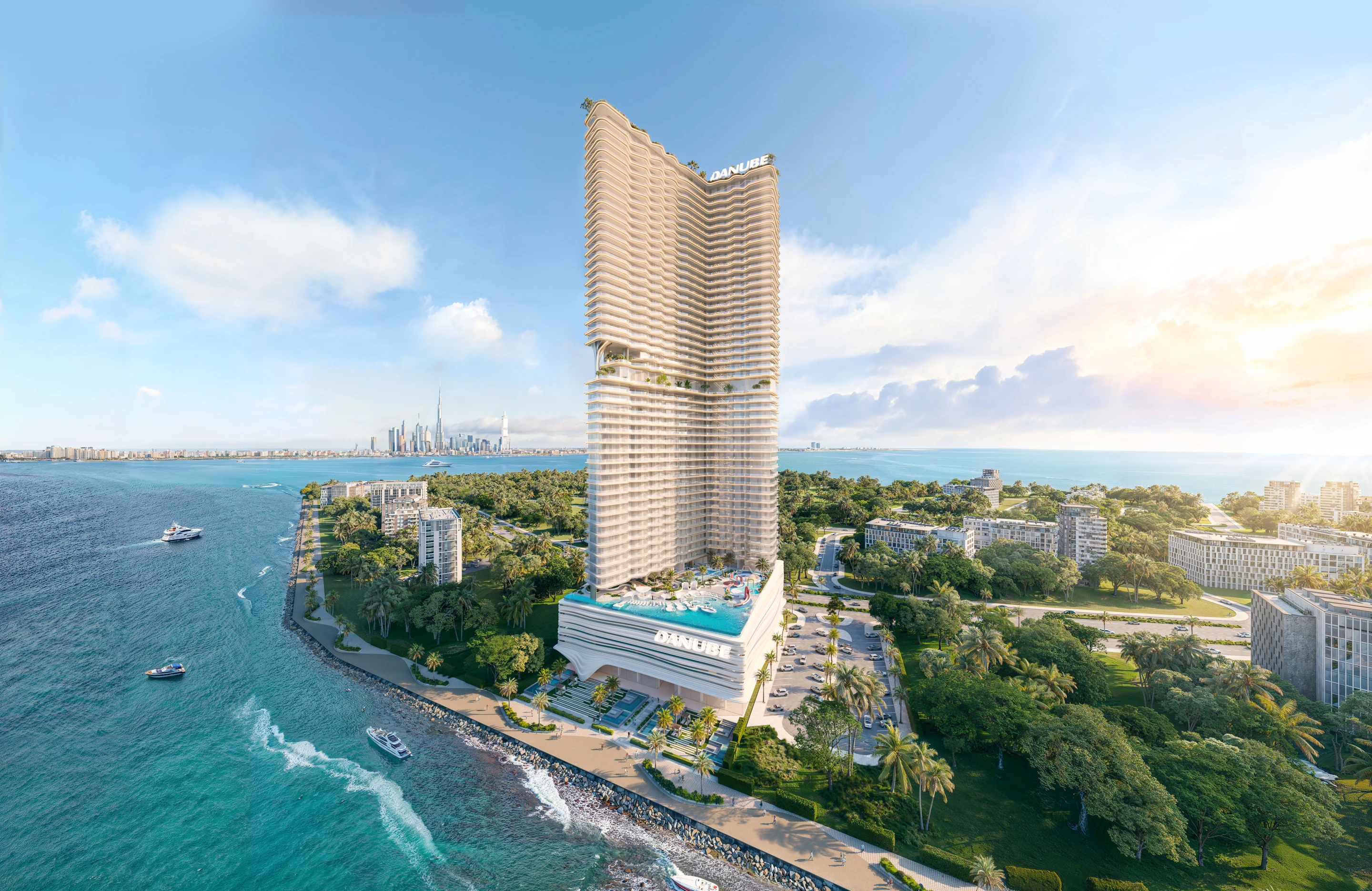 Aerial waterfront view of Breez by Danube tower in Dubai Maritime City