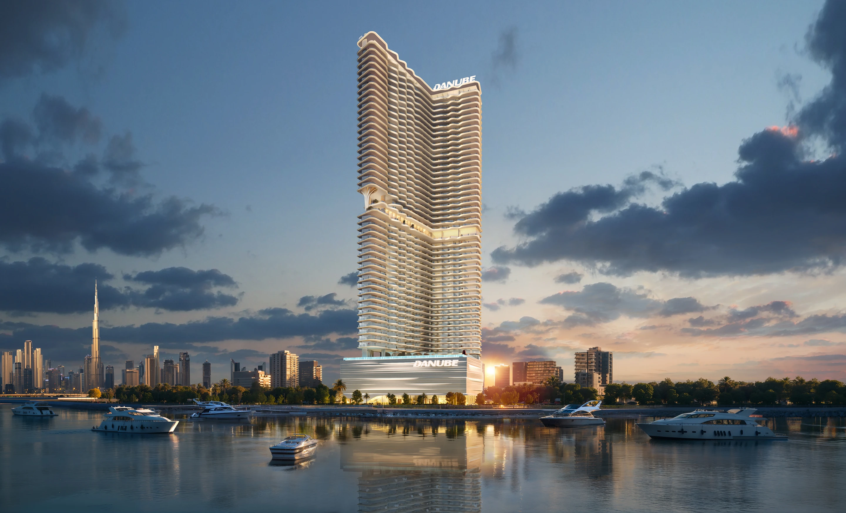 Breez by Danube waterfront tower at dusk