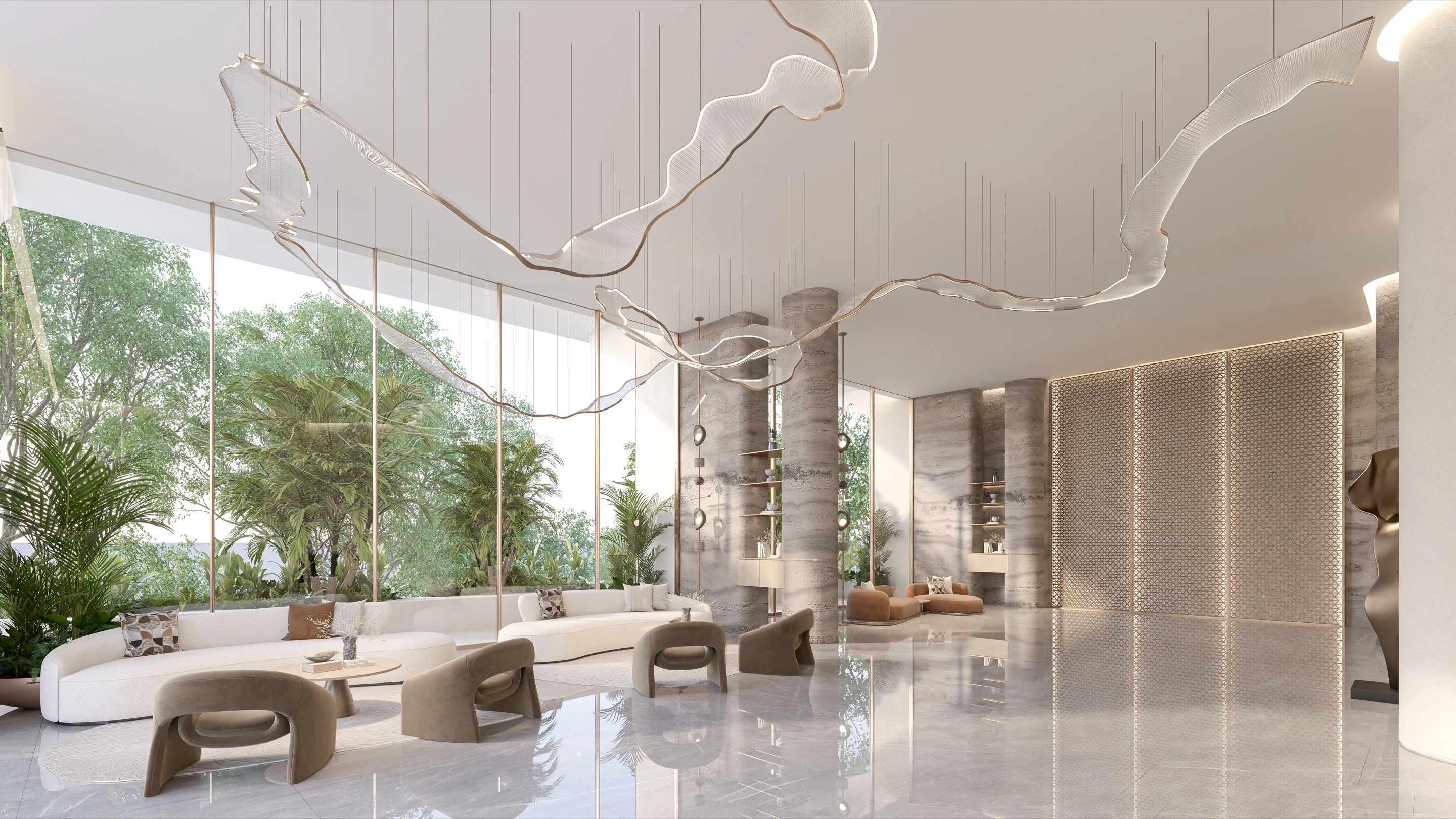 Lobby seating beside glazed garden wall