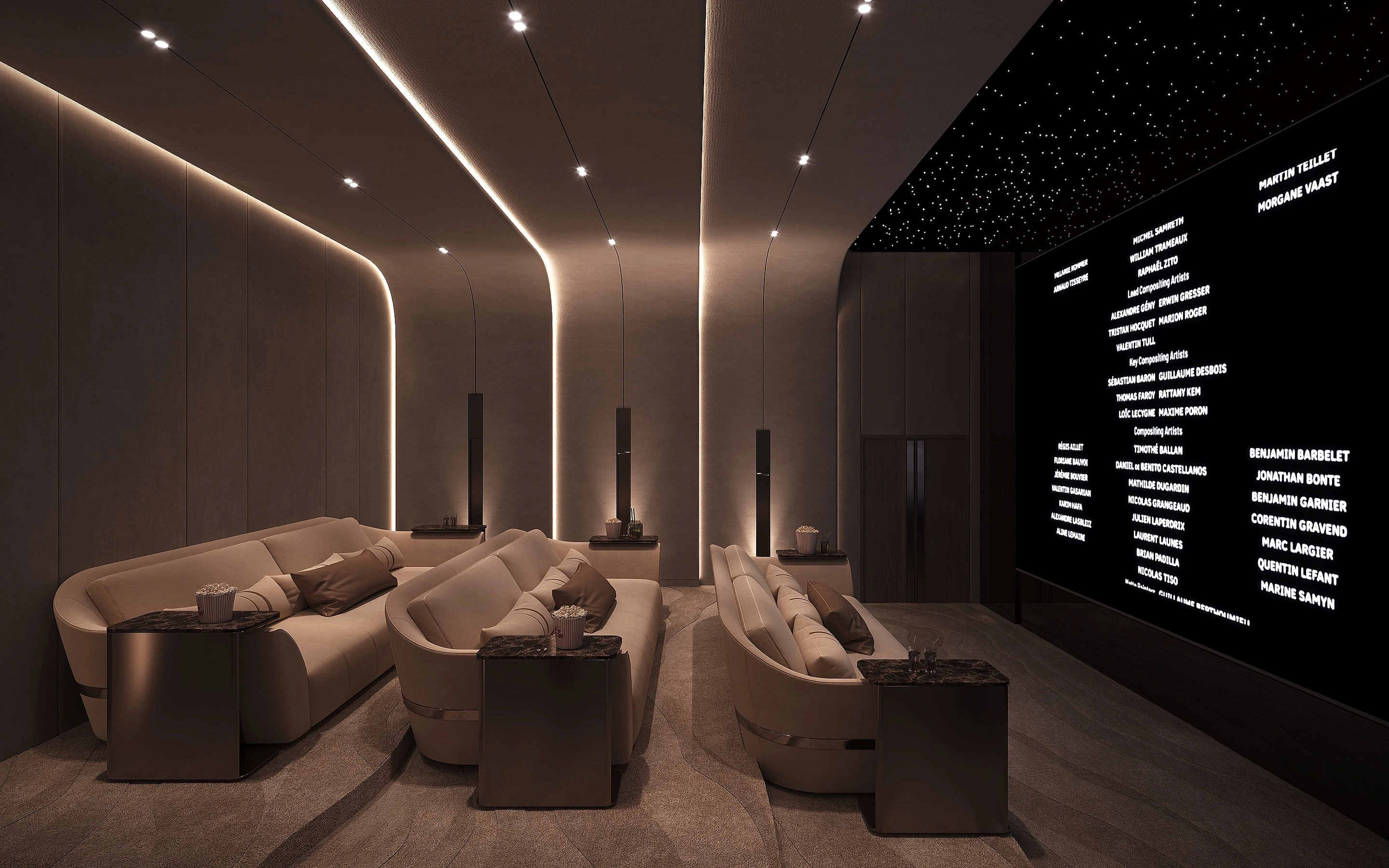 Private cinema with tiered lounge seating