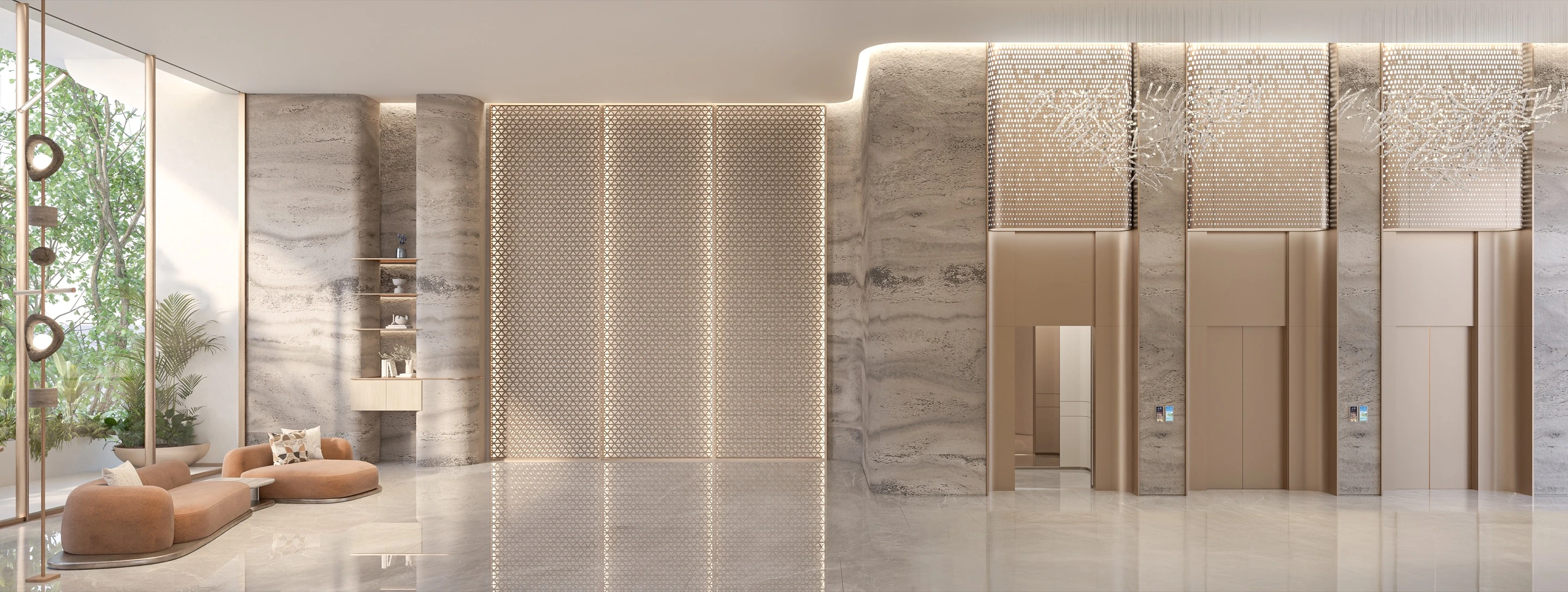 Lift lobby with stone and illuminated wall panels