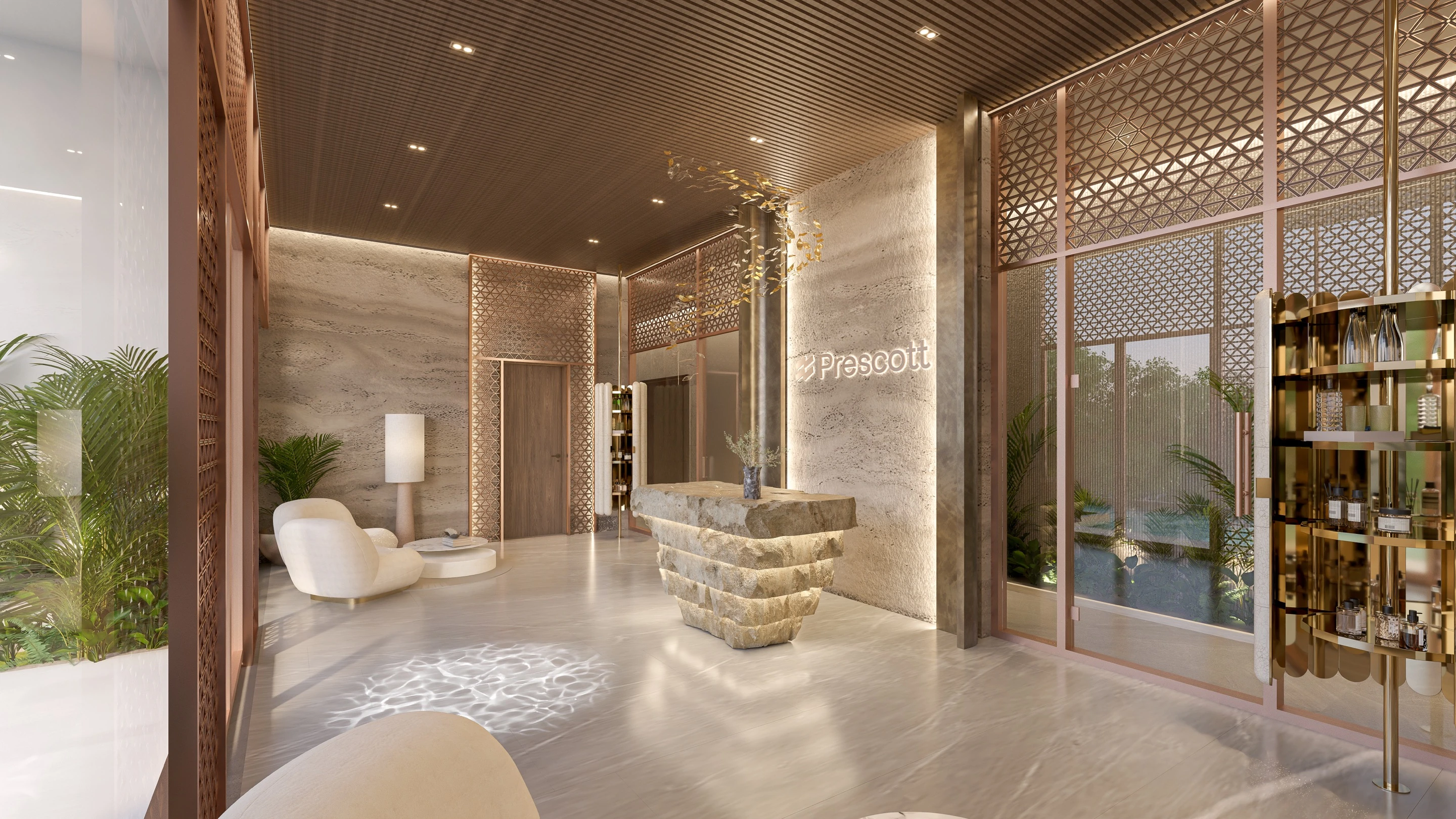 Wellness reception with timber screens