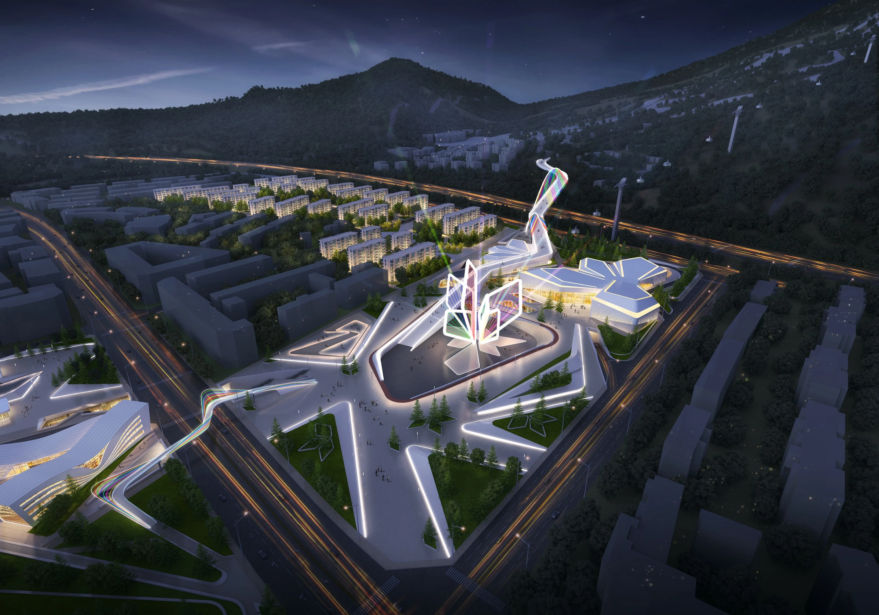 Night aerial view of Chongli Olympic Plaza and its illuminated civic masterplan