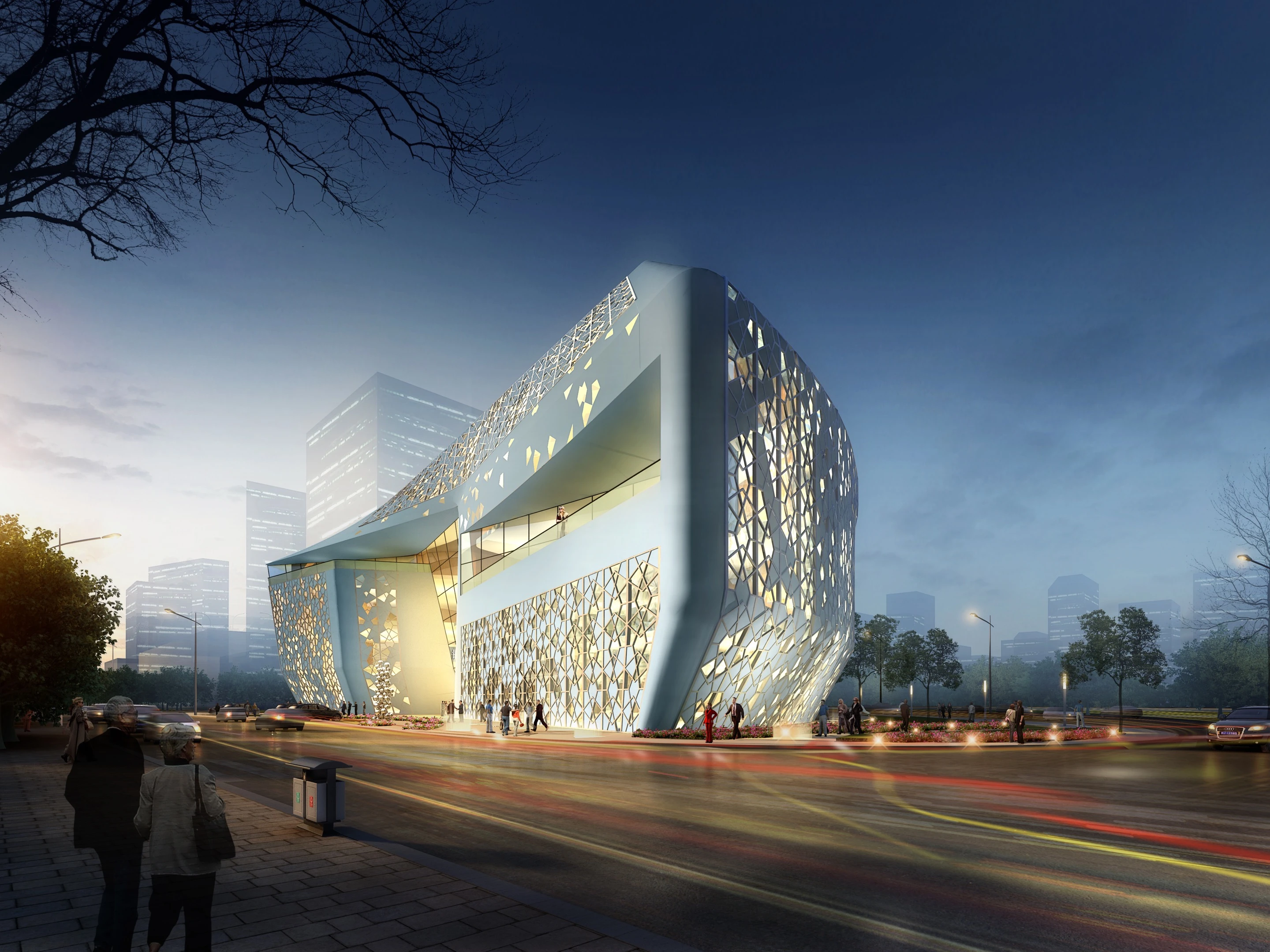 Ningxia Exhibition Center illuminated exterior at dusk