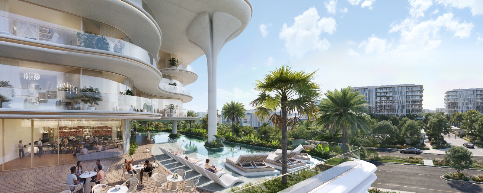 Curved hospitality architecture with an outdoor pool and landscaped terrace