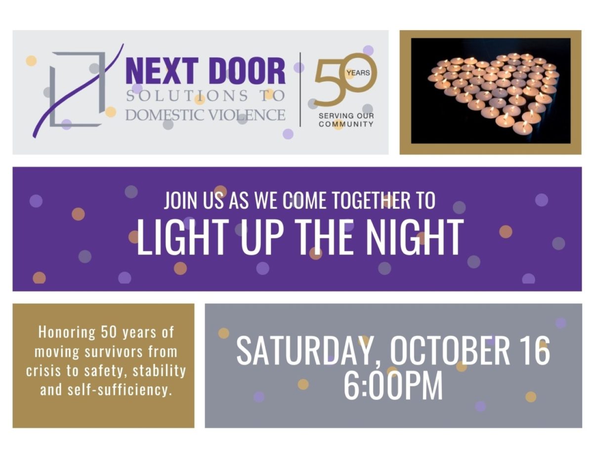 Light Up the Night graphic honoring 50 years of moving survivors from crisis to safety, stability and self-sufficiency, Saturday, October 16, 6:00 PM