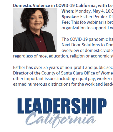Flyer for the Leadership California webinar Domestic Violence in COVID-19 California with speaker Esther Peralez-Dieckmann