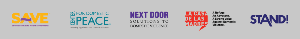Logos of SAVE, Center for Domestic Peace, Next Door Solutions, La Casa de las Madres, and STAND!